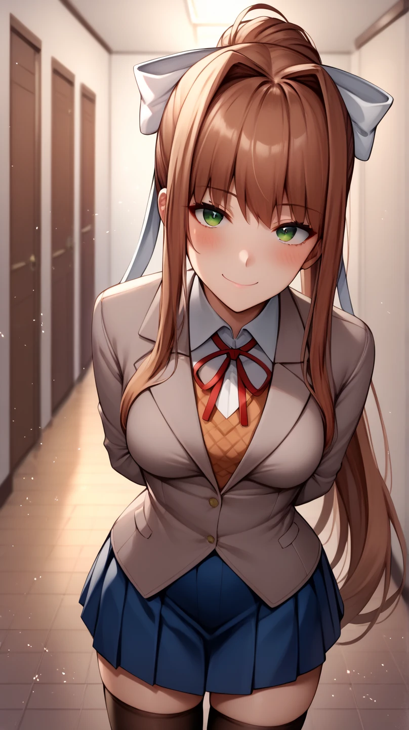 Masterpiece, realistic, 2d, (masterpiece, best quality, beautiful quality, looking at viewer, detailed lighting, 8k:1.1), (a picture of a woman, hand on face, light smile, looking at viewer, big room, solo, 1girl:1.1), monika, green eyes, brown hair, very long hair, ponytail, hair ribbon, white ribbon, blazer, brown sweater, collared shirt, neck ribbon, blue skirt