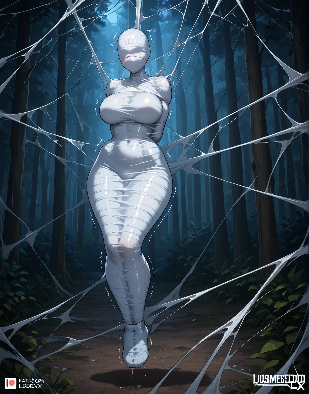 1 girl, trapped and suspended within a cocoon made of silk, spider web, surrounded by spiders and eggs