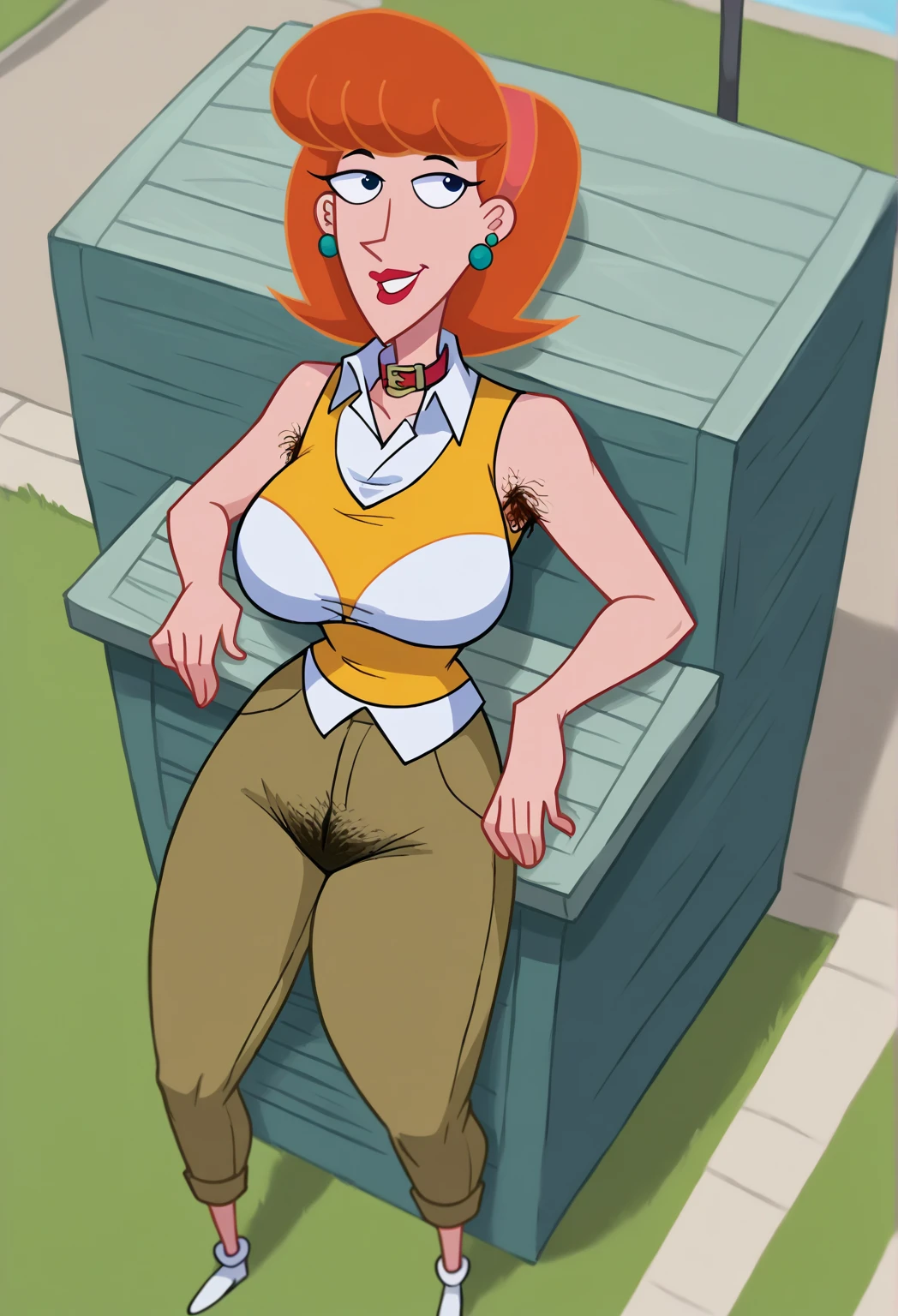 A sexy woman, sensual, beautiful beauty, big breast, short orange hair, squares her brown eye, wearing a green bra and dark green metallic pants, green heels, and a yellow glove.