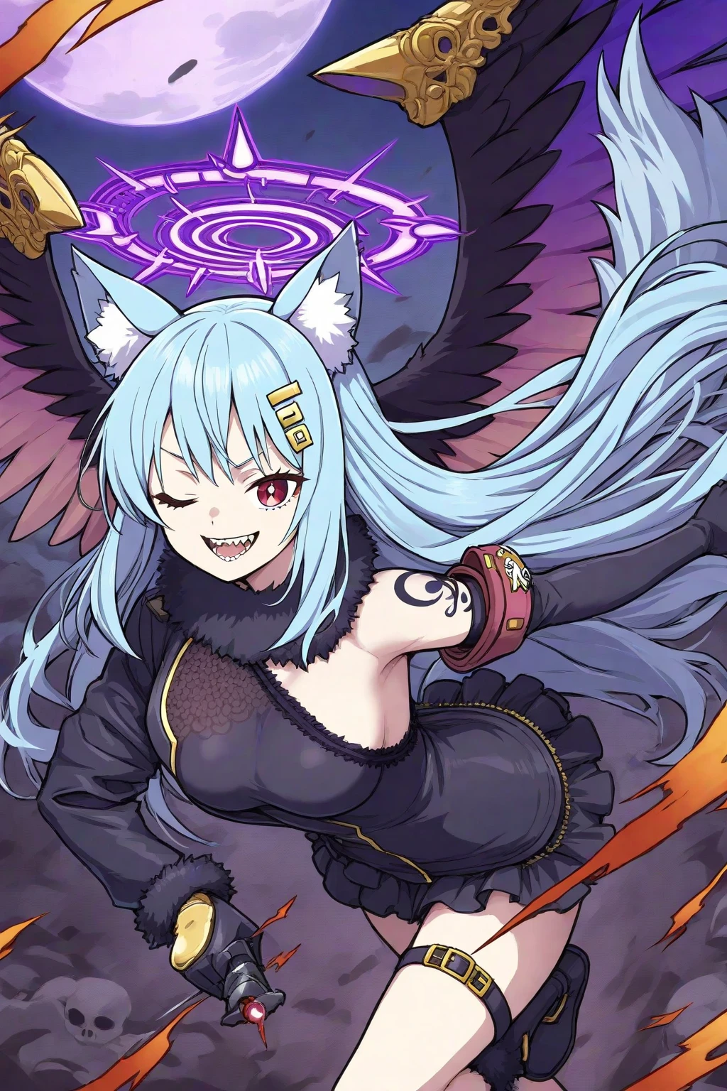 Wolfie, hells, girl1, solo, leather pants, furry, hair, ears, earrings, spiral breasts, furry hands, (best quality 1.2)(Masterpiece 1.2) serious look, lightning hands,glowing hands, electric hands
