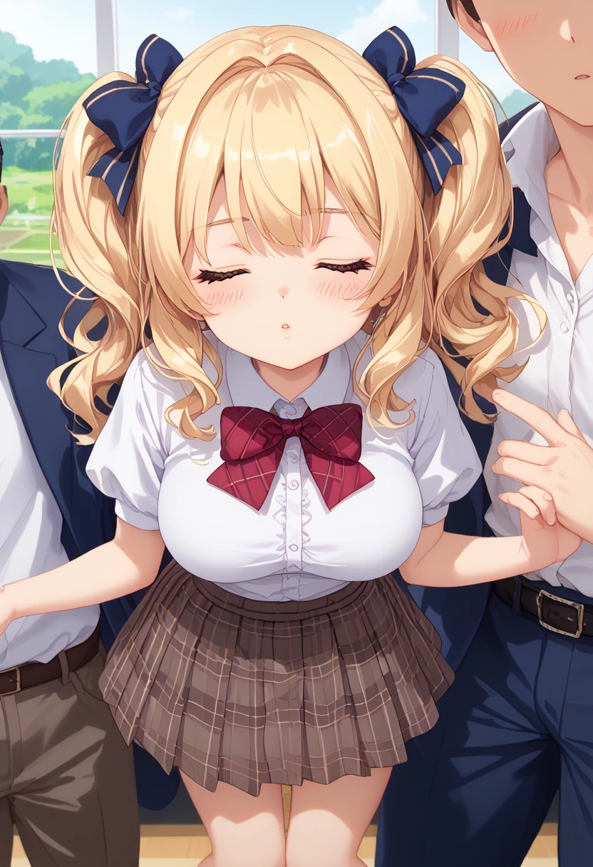 ((highest quality、High resolution、masterpiece))、Blonde、Cosplayer Beautiful Girl、skirt、Nipples、Embarrassed face、Focus on the penis、((She gives a handjob to a boy、She gives a blowjob to a boy))、I&#39;m tempting you
