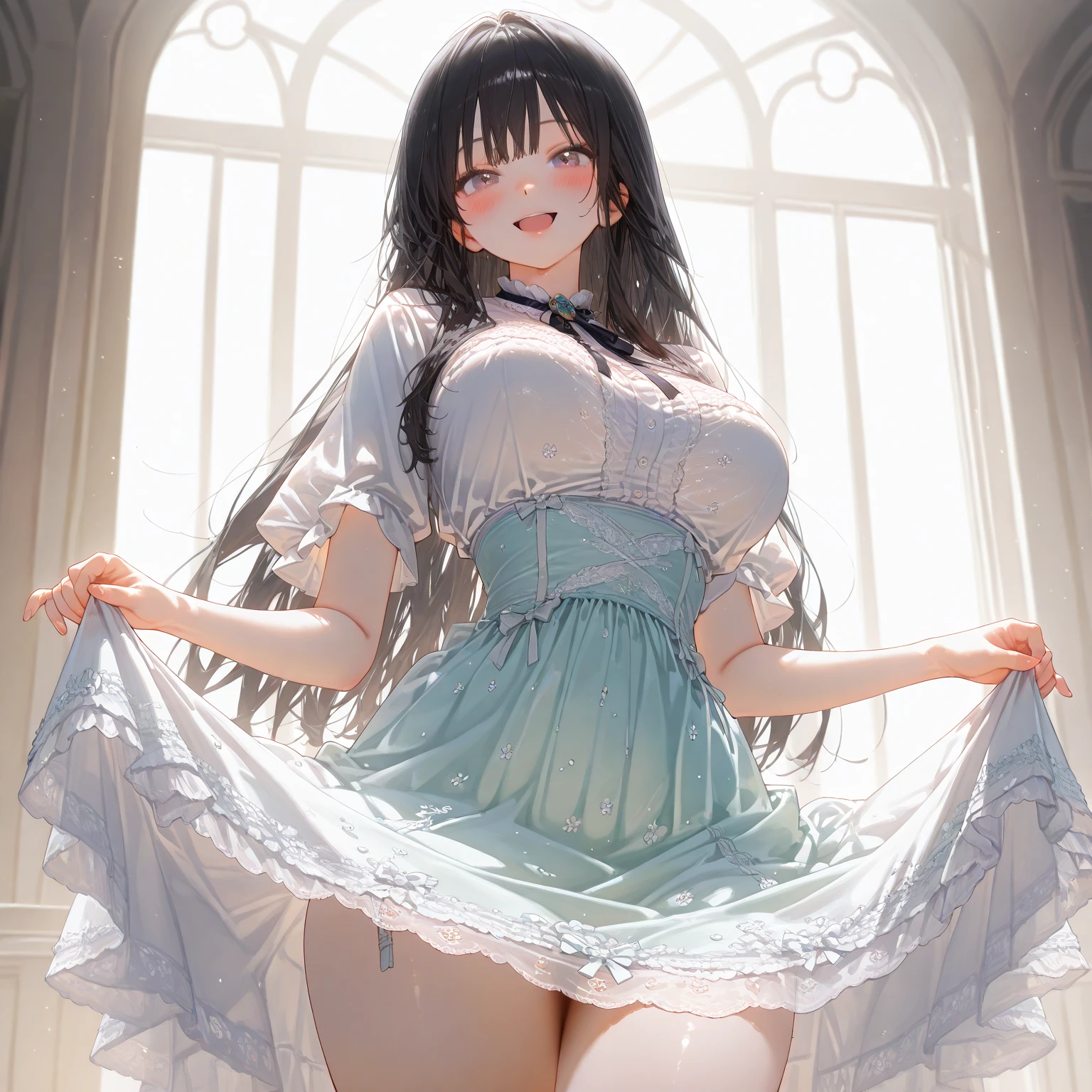 from below, high image, super detail, high resolution, anime, manga, illustration, super very beautiful woman, baby face, make up, ecstatic expression, amorous expression, seductive look, glossy flowing layered messy light brown wavy medium hair, sparkling big blue eyes, alluring moist red lips, large breasts, under boob, side boob, great proportion, perfect proportion, slender, full body, skirt lift, lace light blue panty, lace white long dress, white fluttering long skirt, black knee high socks, thighs, garter belt, lingerie,((cameltoe)),((nipple stand out)),((her pussy leak some creamy pussy juice))
