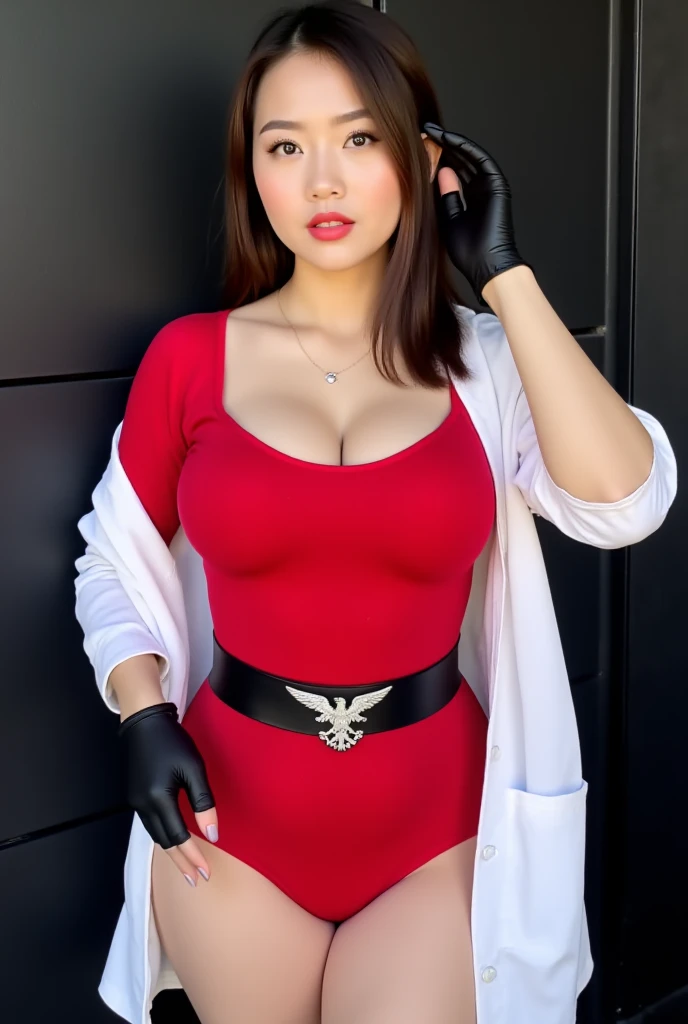 (((masterpiece，highest quality，Highest image quality，8K)))，Office Lady，Glasses，beautiful woman，sexy，glamorous，big breasts(1.6)，constricted waist，small hips，long thin legs，((red jacket，White shirt with wide open chest(Worn next to skin)，Red mini tight skirt，Red fishnet stockings，Red pin heels))，(((Glassesのキャリアウーマンがハンドバッグ片手に持ちオフィスの廊下をこちらに歩いて来る)))