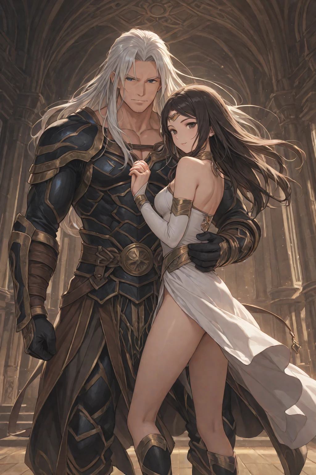 The black-haired male straddles the white-haired male's lap,The black-haired man held a dagger against the white-haired man's neck,kisses,Ancient China,Long hair,Hanfu,Palace