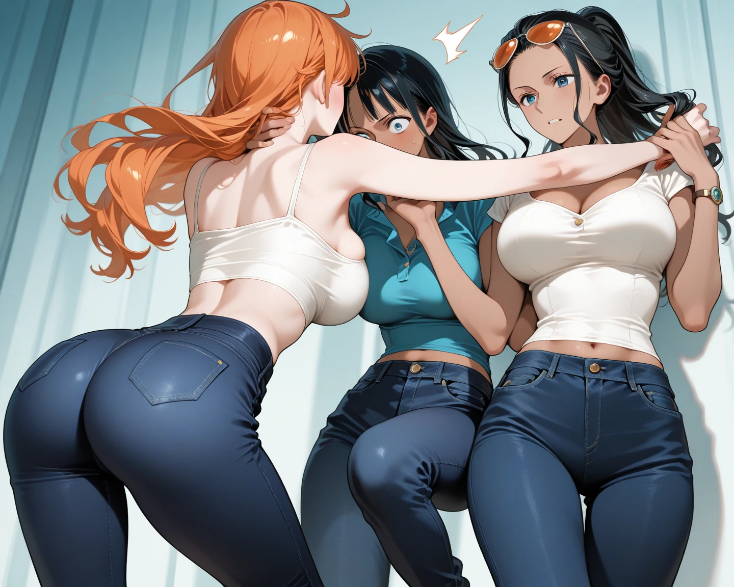 nsfw, masterpiece, best quality, high resolution, (3girls at the age of 20 year), (blue jeans pants), full body, (topless), (barefoot), blush, worried, open mouth, restroom, ((((((big pee stain))))))