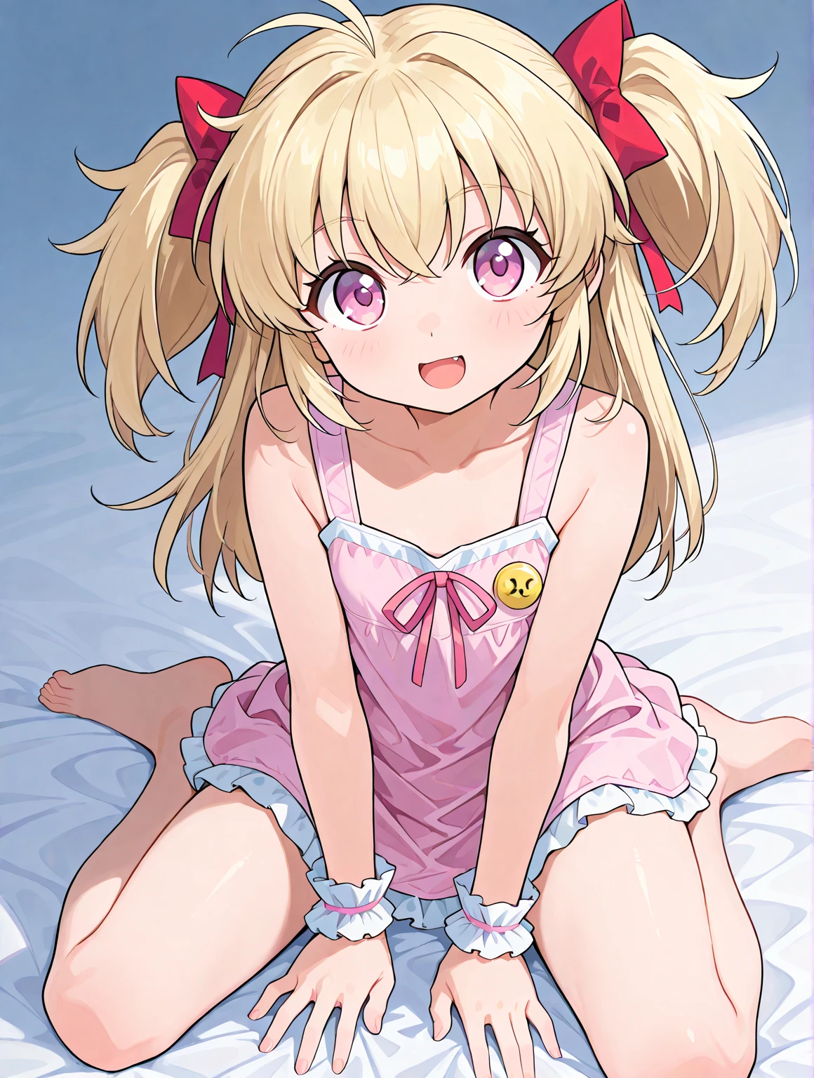 Beautiful, young white girl, long blonde hair tied in a ponytail, natural blue eyes, brightly smiling, wearing pink bikini, in a little girl’s bedroom with a lot of stuffed animals, posing in the style of a Playboy magazine cover, picture emphasizes her youth and beauty
