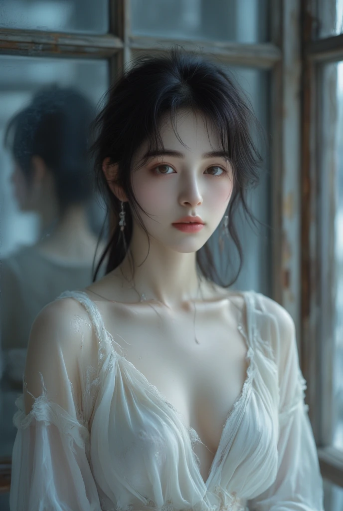 (((best quality))),(((ultra detailed))),(((masterpiece))),illustration,1girl, young,solo, slim,thin,short ponytail,small breasts,flat chest,white collared shirt,(cleavage:1.3),shorts,standing,arms behind back,rainy night, heavy rain, drenched clothes, melancholy expression, solitude, tear rolling down cheek, wet hair, empty streets, dimly lit, deserted environment, sound of rain, footsteps, symbol of hope, abandoned, resilience, determination, walking in rain, heartbreak, loss, love fading, loneliness, body language, facial expression, dreary atmosphere, rain-soaked streets, somber mood, viewer engagement,((upper body,from front)),urban scape,night scene