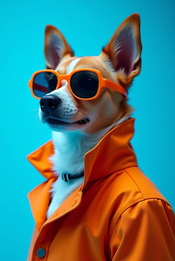 The best cell phone wallpaper, Award-Winning Wallpaper, portrait photography, In the front view is a portrait of a cute dog wearing mid-1960s space age fashion, Side view photo, Shot with Canon EOS R5, Set a strong contrast that accentuates the subject, Fluorescent blue tone, Wearing a very modern coat and sunglasses is a modern 1960s style, Clothes all in one color, beautiful background