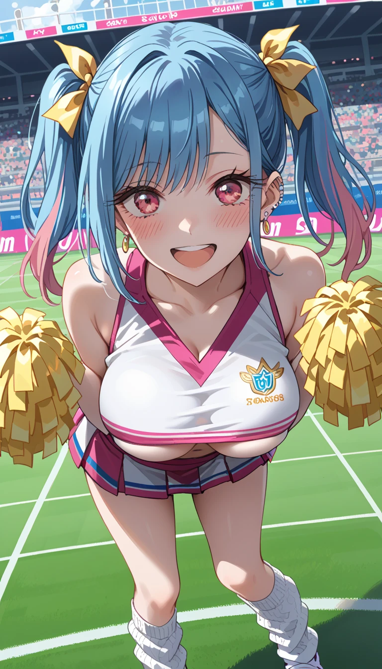 masterpiece,super fine illustration,best quality,high resolution,light particles, ultra-detailed,(bright colors:1.4),(nsfw:1.4),((cheerleader:1.4)),((girl wave 2 cheer pompons:1.6)),(cheering:1.3),(show off nipples:1.4),(elf:1.2),(silver long hair:1.4),twintails,shiny hair, shiny skin,(scrunchie:1.4),(light blue eyes, shiny eyes),(loli face and big boobs:1.6),(diminutive:1.4),(happy smile), blush cheeks, (under boob:1.3),crop top,(micro skirt, vagina),blush cheeks, arched back, (pov:1.5),(from below:1.5),(cum in pussy:1.4),BREAK,(vaginal penis:1.2),(a man), (sit astride on man), (lady on top), (cowgirl position:1.4), (rodeo:1.4), hetero, man in below, (intense Sex:1.4),BREAK,(smog, fog:1.2),(open mouth:1.2),(sweaty:1.2),outdoor, Athletics grounds, Sunlight