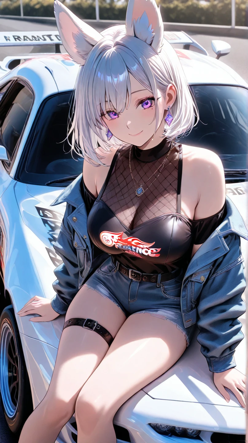 beautiful, masterpiece, Highest quality, anime, One girl, C Cup,Portrait Shot, View your viewers, Covered、Short Hair、nearby、Blue Eyes、art、、White hair,Blue streaked hair、wallpaper、hairpin、Cute smile、Thighs、navel、Black and White_Open race queen、Black and White_Gloves、Black and White_Knee-high boots、Shooting from an angle、Wave one hand、Cute、Shorts、Racetrack、Supercar