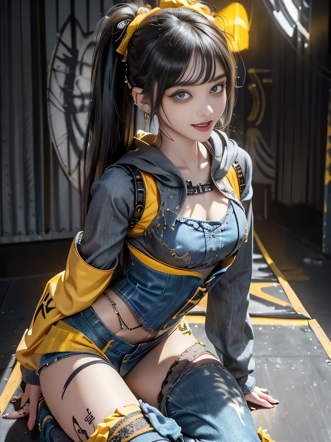 (Full Body View:1.4)、(Smiling with teeth showing:1.3),(Shibuya Gal:1.5)、(Beautiful:1.4)、(Neo-Goth Fashion:1.5)、(Punk RockVisual Kei:1.3)、(Futuristic yellow, white, black and denim bodysuit:1.5)、(A delicate cardigan in denim, black and yellow:1.5)、(Gorgeous decorated corset:1.4)、(Yellow denim garter belt:1.5)、(Heart-shaped silver accessories:1.5)、(Brown Skin Belt:1.4)、(Blue High Heels:1.4)、(Lace underwear:1.4)、20-year-old、Browsing Caution,((Highest quality、In 8K、masterpiece:1.3))、Sharp focus:1.2、(Layered Cut、Huge breasts:1.1),Beautiful woman with perfect figure:1.4、(Dance vigorously:1.3)、Slim Abs:1.2、Butt、Highly detailed face and skin texture、Fine grain、double eyelid,(Twin tails:1.3)、(Black brown hair:1.3)、Obscene、Idol Sculpture、(In the background is a gorgeous medieval metropolis on a sunny day:1.3)、(Slimming your legs:1.4)、(The body is slim:1.3)、(clavicle:1.1)