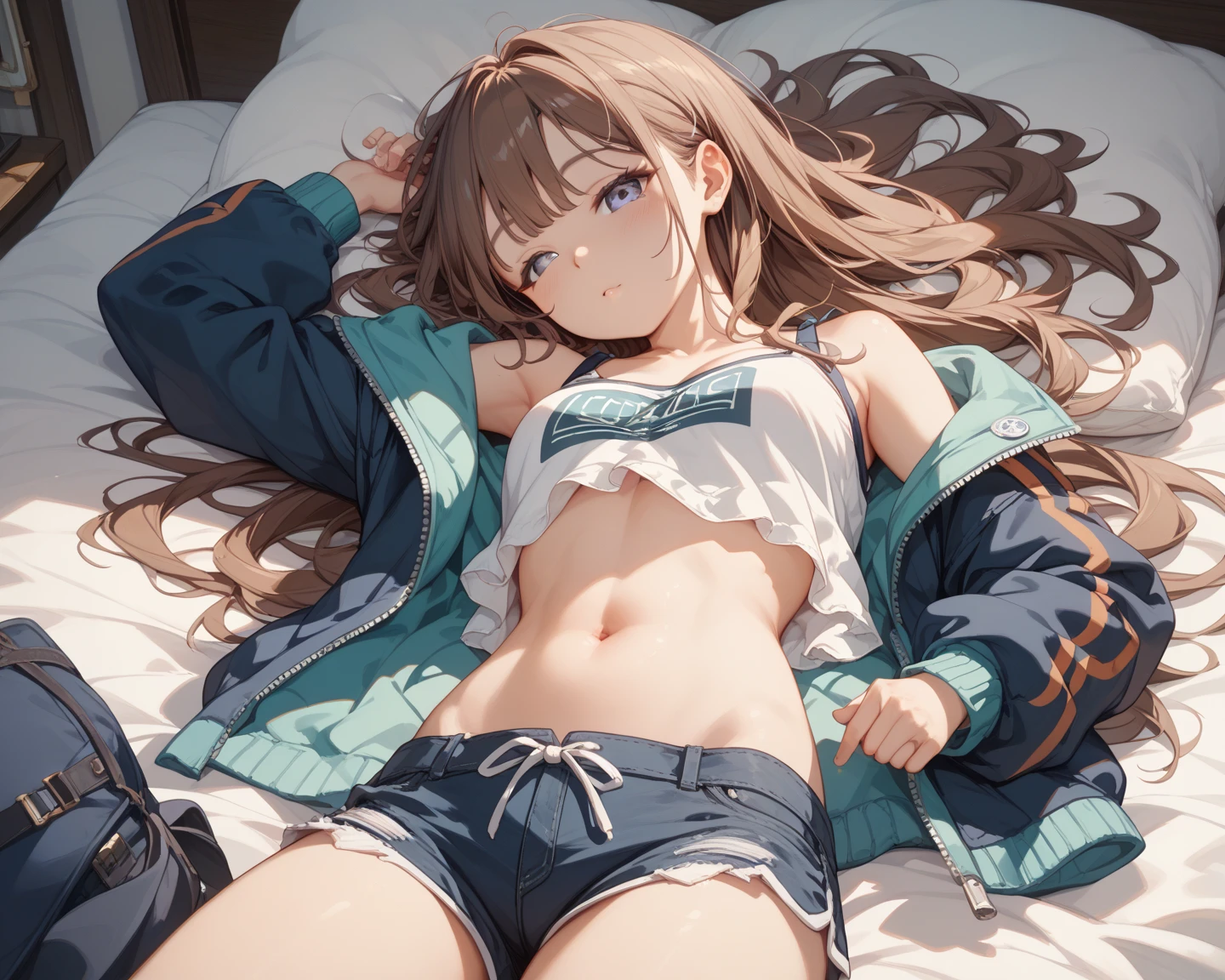 CRN1.2, ((masterpiece)), ((best quality)), 1girl, sarashi, jeans, abs <lora:AA Clothing - Sarashi (sarashi):1>