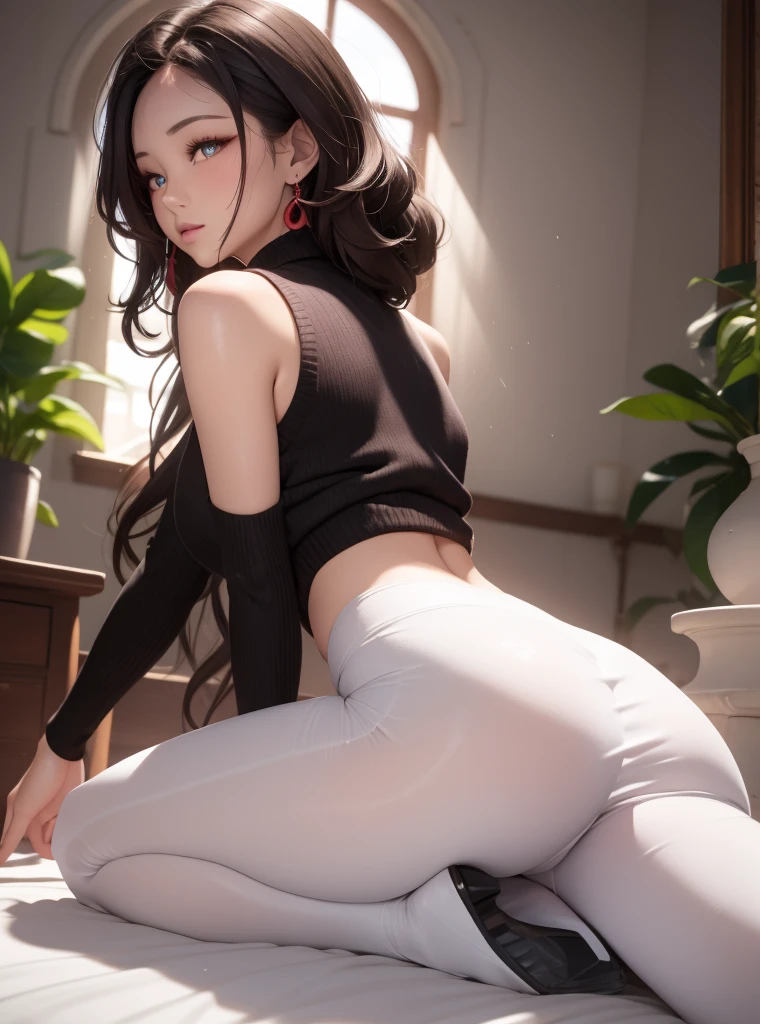 Hinata Hyuga in white pants propped up on a chair, roupa apertada, 18 anos, traje apertado, pose sexy, pose atraente, Pose casual, pose lateral, jeans preto extremamente apertado, pose muito sexy, menina bonita, sentado em uma mesa, usando roupas simples e apertadas, 2 Modelo feminina de 4 anos, Garota brasileira, leggings brancas, Asian women