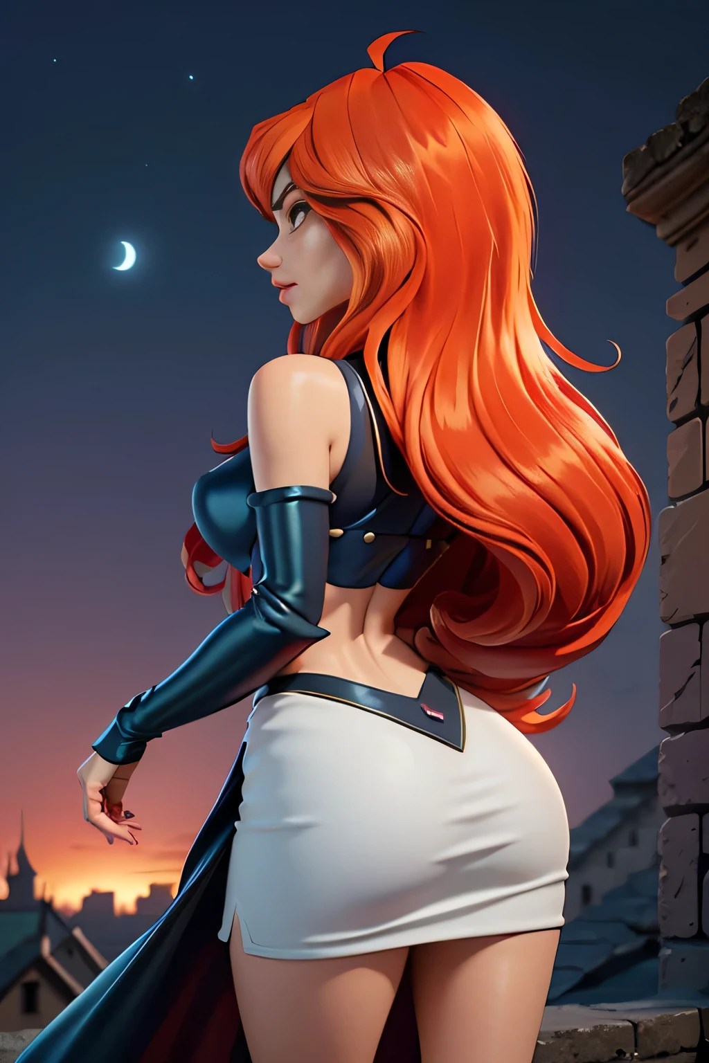 close up 1girl in, photo of Dark Bloom, Waifu, Anime style, Solo, (messy copper red hair, very long hair, thick red hair), (perfect clear skin, pale skin, detailed skin, large breasts, round breasts, perfect body, skinny, thin, thin hips, thin waist: 1.25), (she is looking away from camera, shot from behind, up skirt, focus on ass:1.2), ((arched back, revealing clothing), (wearing an elegant gold armor, full dress armor), (Castle rooftop, ancient midnight Castle, stary sky), (realistic photo, best quality, detailed), (8k wallpaper), (natural lighting, beautiful light, delicate, soft colors, cinematic)