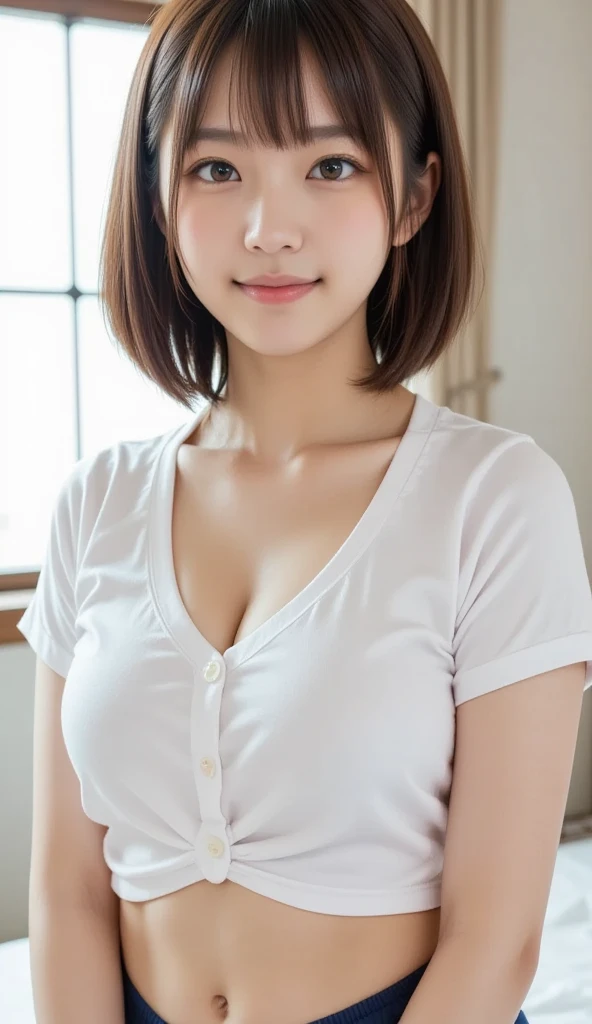 Enhanced Dynamic Perspective，Cute pretty 15 year old beautiful girl，((school uniform, Short sleeve shirt))、Short pleated skirt、look at me and smile，Simple Background，Masterpieces，high quality，4K resolution，Ultra-fine，More about pubic hair，Accurate，Cinema Lighting，Keep the original face proportions、((Button Gap)), ((Cleavage))
