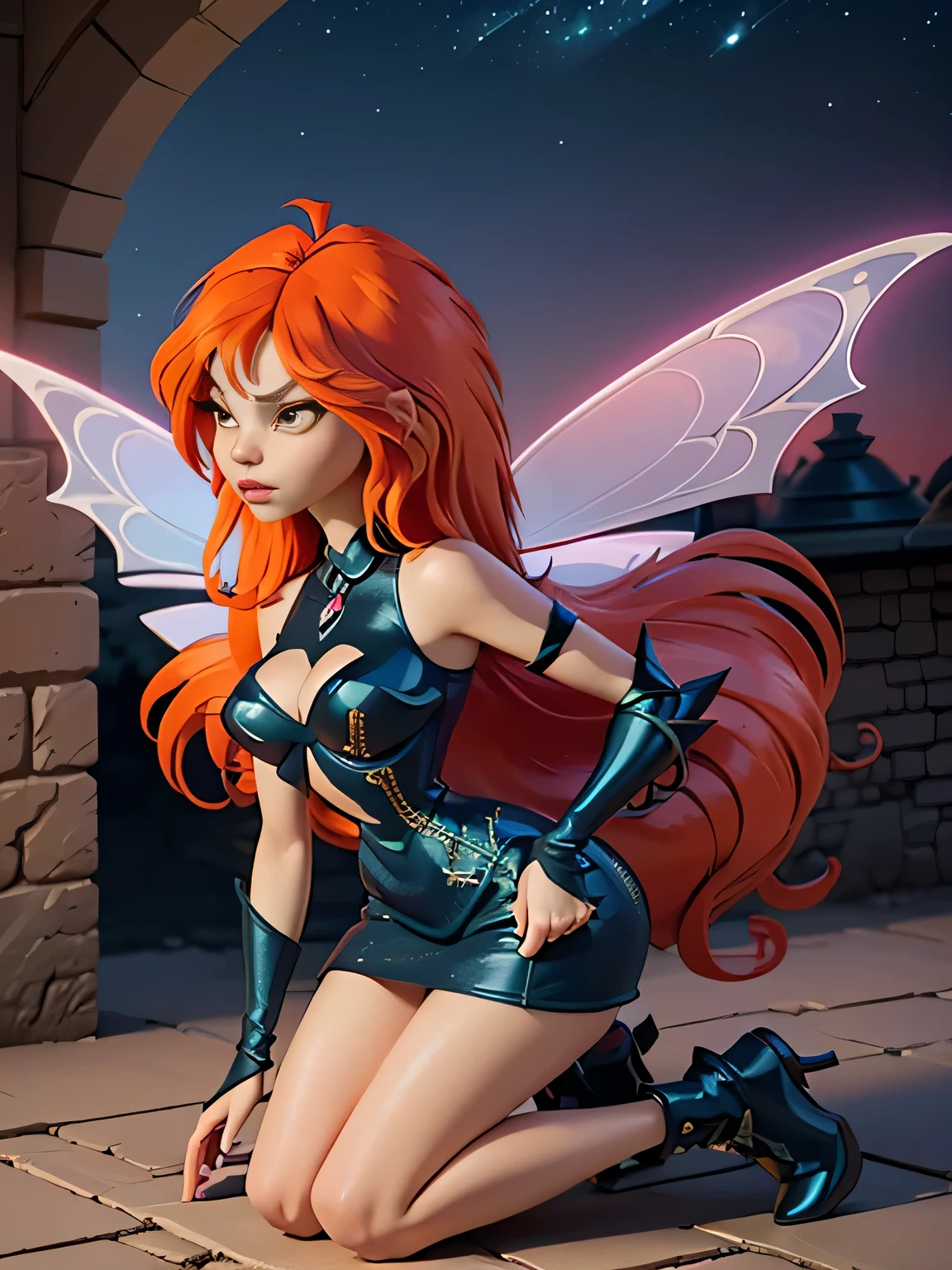 close up 1girl in, photo of Dark Bloom, Waifu, Anime style, Solo, (messy copper red hair, very long hair, thick red hair), (perfect clear skin, pale skin, detailed skin, large breasts, round breasts, perfect body, skinny, thin, thin hips, thin waist: 1.25), (fairy wings, wings, two wings, translucent wings: 1.35), ((kneeling down before photographer, splits kneeling, legs apart), looking up at pov, sad expression, pleading, overhead perspective), (cleavage, focus on breasts:1.2), ((arched back, revealing clothing), (wearing an elegant gold armor, full dress armor), (Castle rooftop, ancient midnight Castle, stary sky), (realistic photo, best quality, detailed), (8k wallpaper), (natural lighting, beautiful light, delicate, soft colors, cinematic)