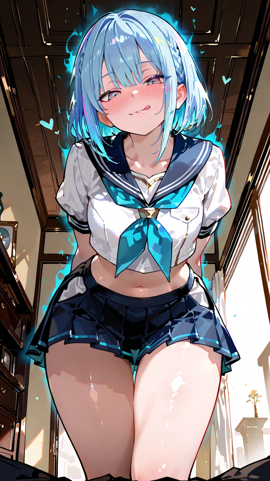 Cornflower art, dreamy, (masterpiece, top quality, perfect anatomy, beautiful face, realistic, super detailed, 1 girl, 18 ears senile, solo, depth of field, canon 24mm lens, f1.4, cute_girl, sailor_ collar, clear facial features, short sleeves, small breasts, slender height, height 150cm, barefoot, double ponytail, bangs, gravure pose, indoor, slouch, Chest gap jungle, blurred background, (Uwabaki: 1.1576)) whole body, clear liquid dripping from the crotch, the front of the shirt is exposed, breasts are visible, transparent bra, light blue striped buns, erotic, , NSFW movie, hentai,