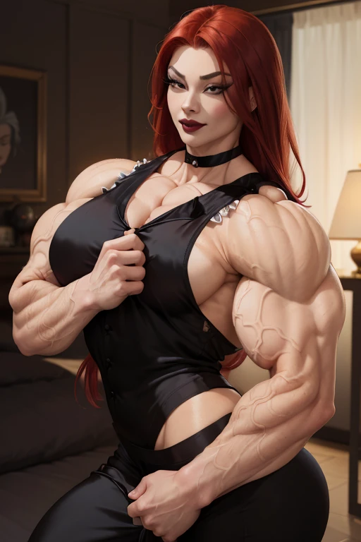 ((((Massive tall, beautiful, buff, pale white skinned muscular asian woman with red hair, black lipstick, ginormous bulky muscles and wearing a beautiful black dress)))), (close view), massive muscles, massive biceps, hyper muscle shoulders, massive muscle arms, vascular shoulders, hyper muscle triceps, (long hair), yellow eyes, choker, on top of a skyscraper in a night Windy City, confidant smile, hyper vascular arm, hyper muscles arms, hyper muscle legs, (massive arms).