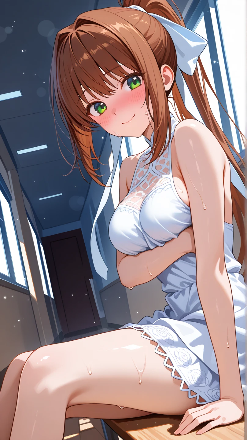 satin, silk, ((pink panty)), (High quality, High resolution, Fine details), setting sun, Backlight, A straight stretch of railroad track, White Dress, White Hat, solo, curvy women, light brown hair, sparkling eyes, (Detailed eyes:1.2), smile, blush, Sweat, Oily skin, shallow depth of field, Fantastic
