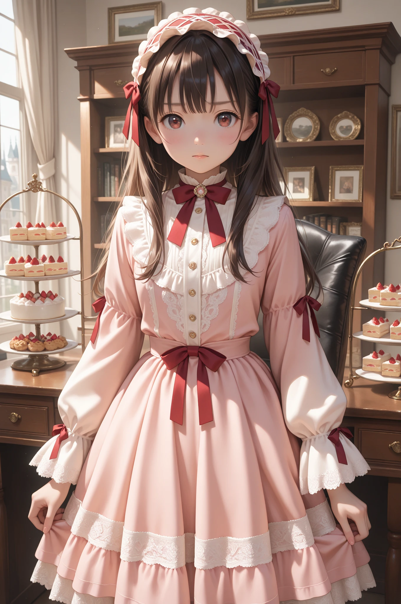 Sayuogi Wara, Sayu Ogiwara, by the chestnut, (Brown eyes:1.5), pelo medio,High Quality Anime Girl with Brown Hair and Brown Eyes.、[3D images:1.25],[[Ojos atractivos,Un ojo detallado、radiant eyes, ojos coloridos:1.1]],Referencias absolutas、tiro de vaquero,(dedos finos:1.1)、Una mano en la cadera、vista frontal、Cute anime illustration、8ＫImagen、Una chica linda no importa quien mire.、inside the room、Lindo vestido rojo y blanco、high resolution、Sharp focus、Cinta para el pelo、guantes、Navidad、red capelet、sombrero de Santa、Dresses in Navidad colors