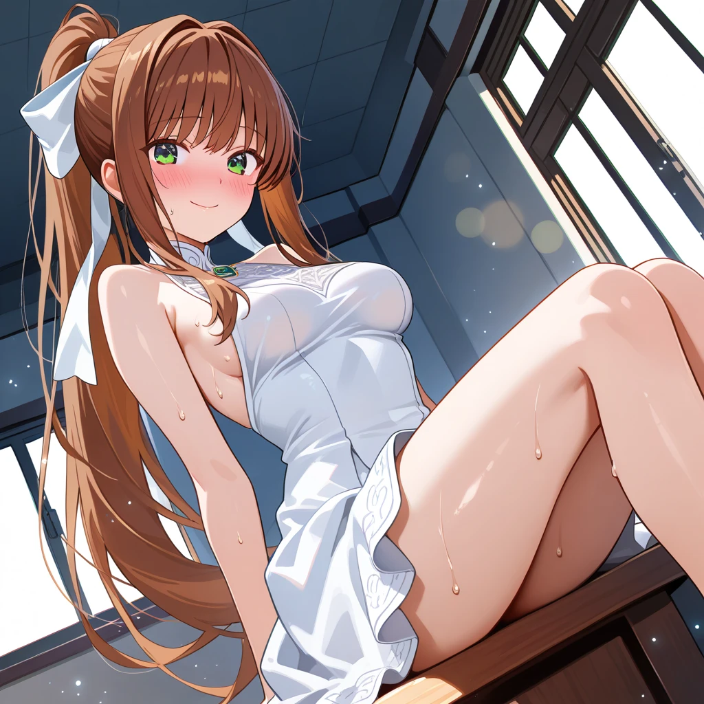 ((masterpiece, sidelighting, finely detailed beautiful eyes: 1.2)), ultra-detailed, ultra high res, professional lighting, high quality makeup, beautiful detailed eyes, sexy, beautiful, big eyes, drooping eye,(1 girl:1.3), (high school student:1.2), (middle breasts), (slender body:1.1), (light pink sailor suit:1.6), (blush cheek, blush body:1.1), moist eyes, (black hair), (absurdly long hair, ponytail:1.1), Extremely cute, (extremely detailed beautiful face), Authentic skin texture, beautiful hair, beautiful face, beautiful eyes, beautiful body, beautiful hands, (smile), standing, (face focus:1.6), (cleavage breasts:1.4), erect nipples