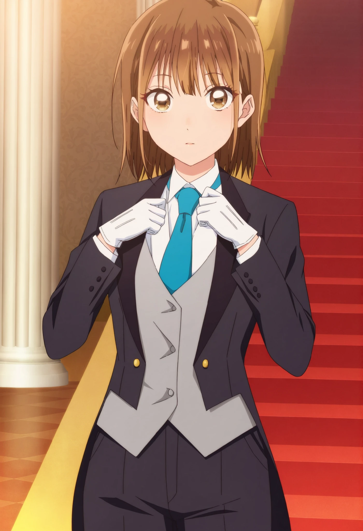 masterpiece, best quality, very detailed, , masterpiece, best quality, eyelashes, (Beautiful Eyes), cowboy shot, anime, Official Illustration, Official anime artwork, anime screencap, anime coloring,chonohina, 1girl , solo,brown hair, brown eyes, short hair, tuxedo tailcoat ،butler, necktie, pants, gloves, handsome girl, looking at viewer