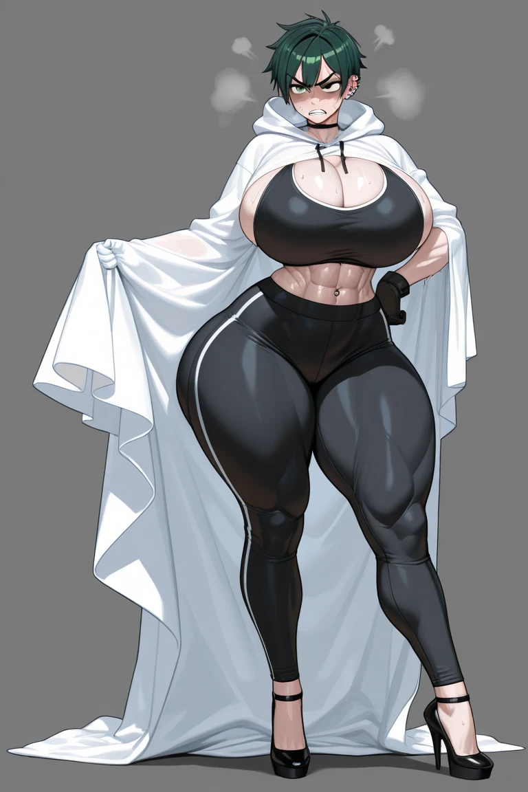 masterpiece, best quality, 1girl, solo, debdia, eyepatch, muscular female, dark-skinned female, huge breasts, cleavage, crop top, white pants, bandages, karate gi, full body,