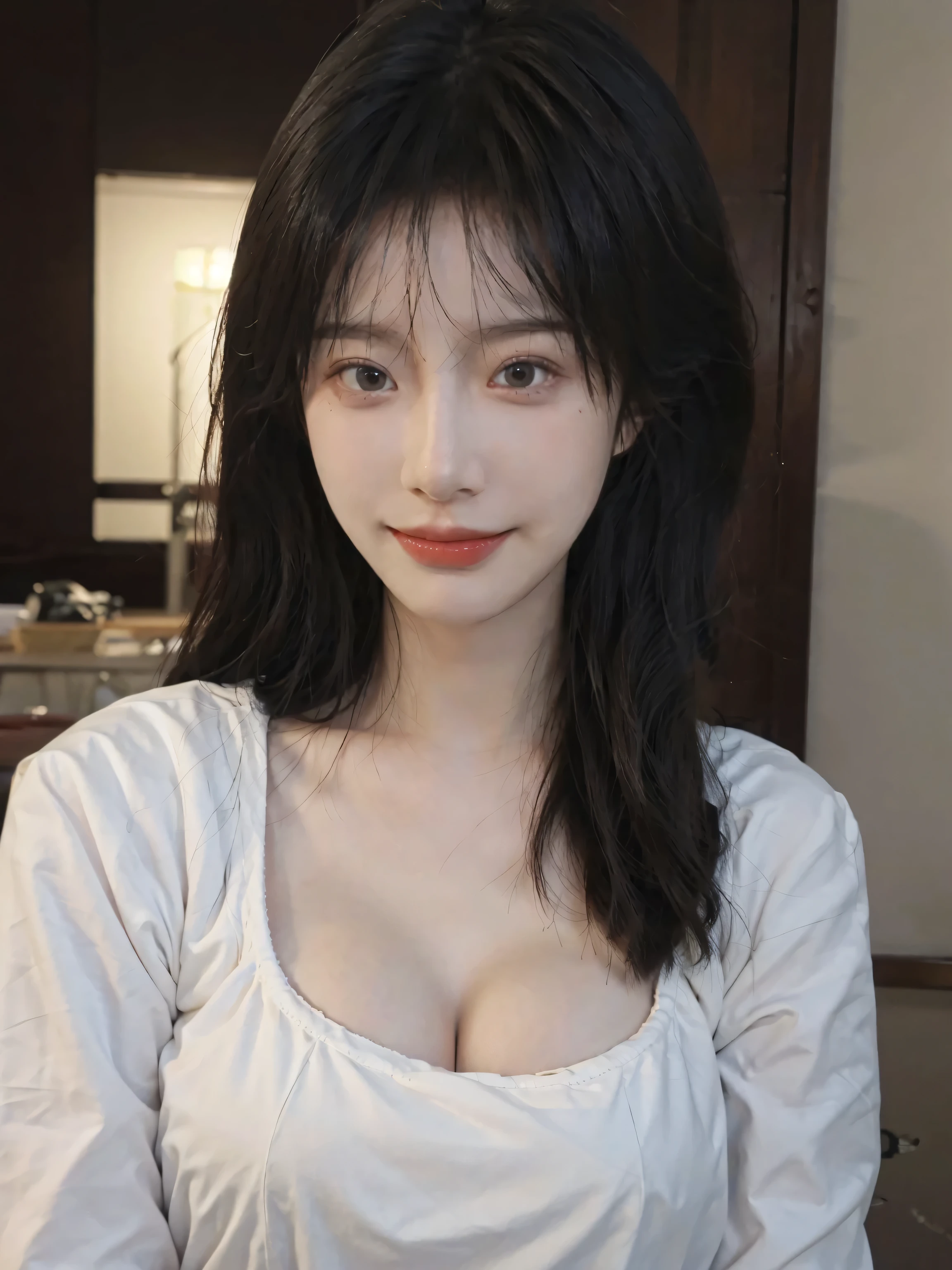 best quality， ultra high resolution， （realistically：1.4），cute hairpin，Baoyu Girl，European style apartment，A pair of clear and charming peach blossom eyes,Royal sister，The sun shines on the face，big breasts，Big wavy hairstyle，（necklace：1.2），（White skin：1.4），a sense of atmosphere，a beautiful girl， Smile，looking directly at the viewer， (lifelike:1.4),1 girl,Sexy,(Upper body:1.4),(wet),(:1.2)