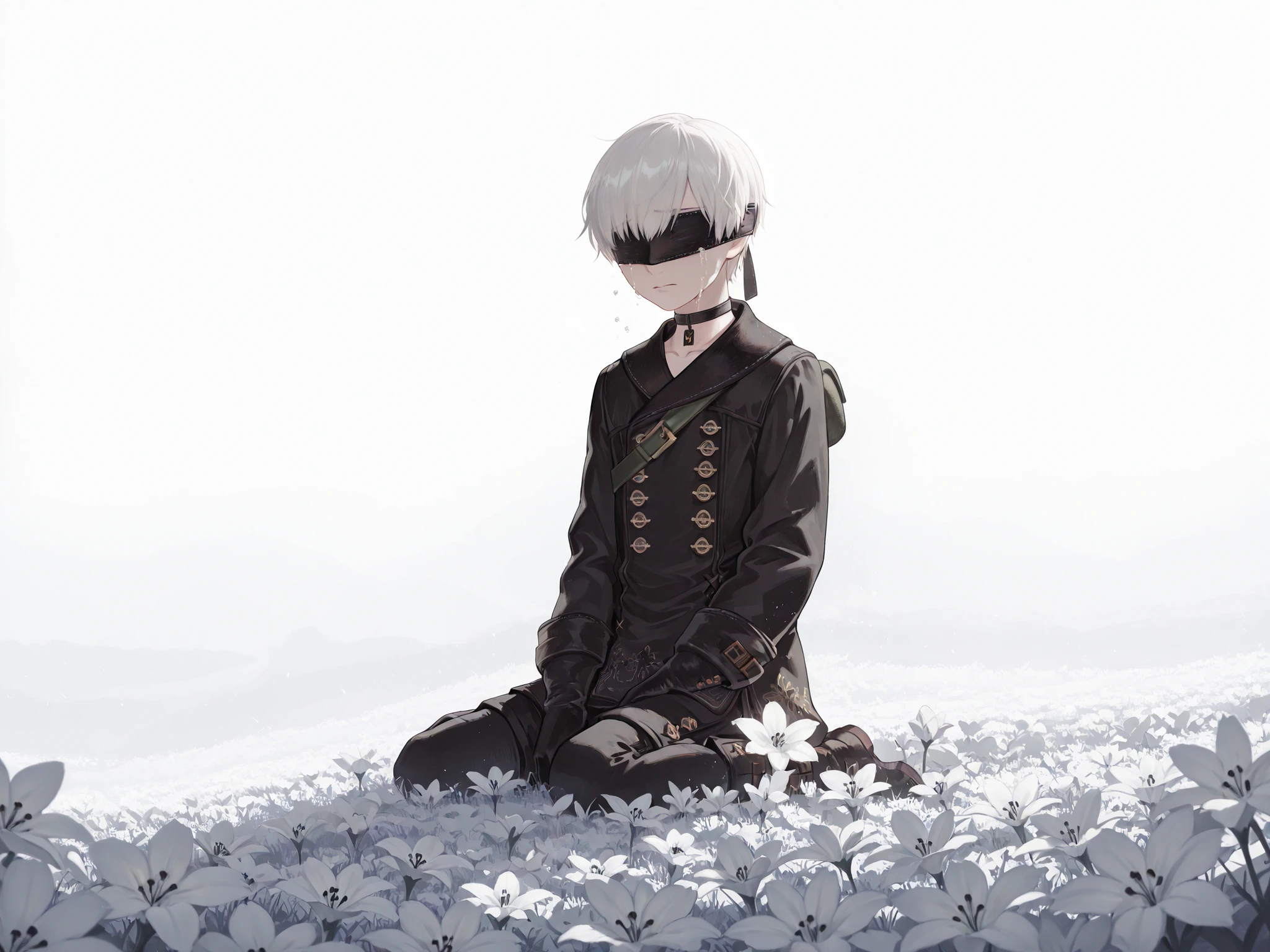 Solo, 1character, 9s,white hair,blindfold,black blindfold, choker scenery, nierscene, YoRHa 9S, sitting in a field of glowing white flowers, tears, crying, masterpiece, very detailed, absurdres