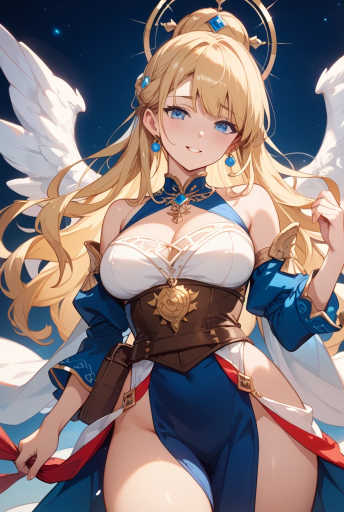 4k,hight resolution,One Woman,harpy,Bright blonde hair,Longhaire,Bright blue eyes,huge tit,Bright white wings,Golden toenails,high priestess,valkyrie,Goddess dress,Winged headgear,Angel Ring,jewel decorations,Temple in the Sky