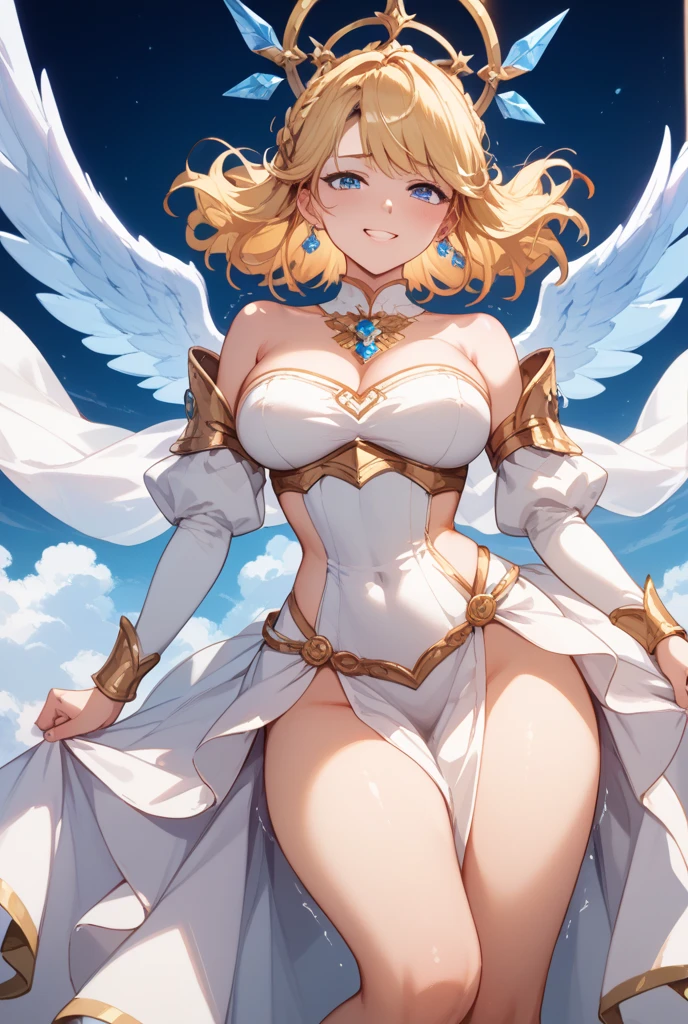 (Amazing masterpiece), (Maximize highest quality: 1.5), (Maximize most beautiful digital illustrations: 1.5), ((Most realistic: 1.5)), ((Smooth, soft, crisp and most realistic skin and hair textures)), Most beautiful detailed eyes:1.5, ((Maximum resolution)), ((UHD, 16K, 1080p)), ((10 million ppi, 300 million dpi images)), (Amazing dynamics:1.5), Beautiful backgrounds with depth of field, Most beautiful natural light, Rule of thirds, ((Maximize every effect and present it in the ultimate quality)), A 25-year-old woman with beautiful features, an ultimate perfect body style that shows off her beautiful large breasts and perky chest to the fullest, beautiful green eyes that can be seen through her hair, shiny blonde hair in a bob cut, and glossy pink very thick lips give a strong impression of elegance and maturity, smile:1.5, a celestial angel in an elaborate and ornate outfit, elegantly gliding through the heavens, dynamic and vibrant, dressed in a one-shoulder gown with a billowing skirt, embellished with a sparkling necklace, exquisite earrings, and a delicate bracelet, wings grandly extended, a glowing halo overhead, ((with the infinite sky as the background:1.5)),
