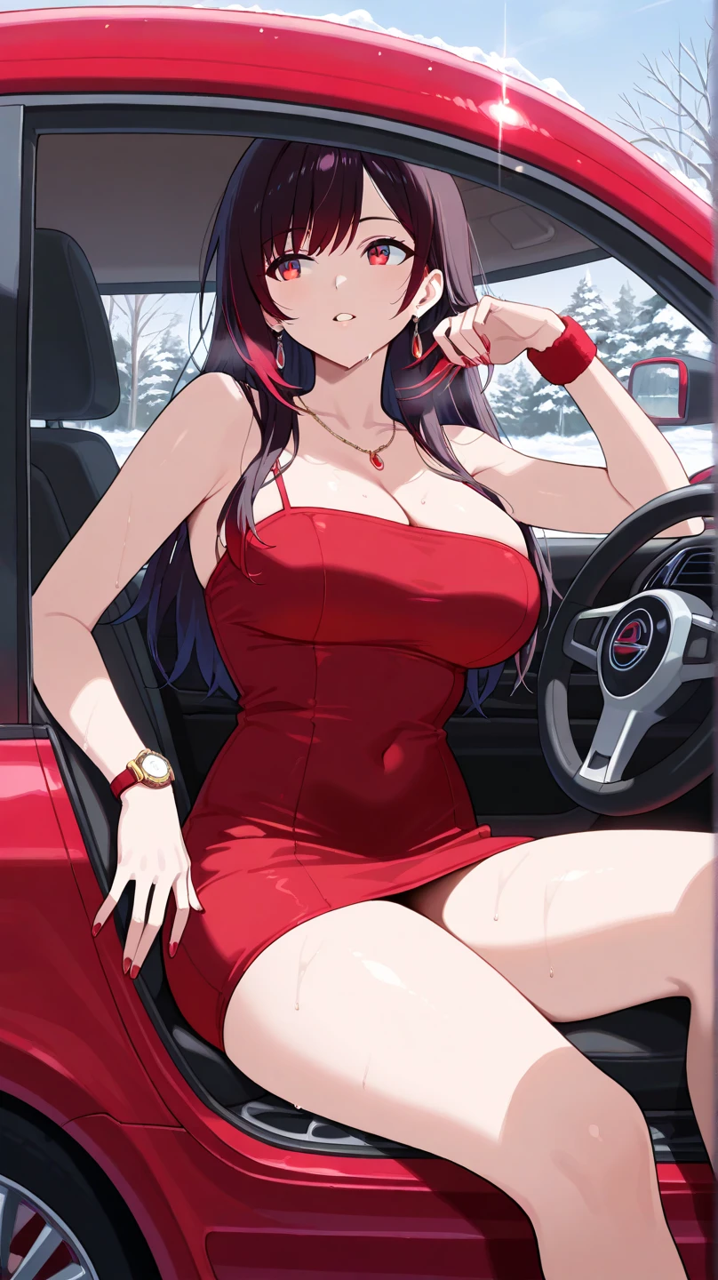 perfect human body,girl, Mature female, Mature, Beautiful wife,Intellectual woman,very long hair, blush, lipstick,(Very detailed background,living room), victorian style short dress,((woman with fever)),huge ,(blush:1.2),sitting in car,passenger seat,breast_grab, masturbation, shaved_pussy,
