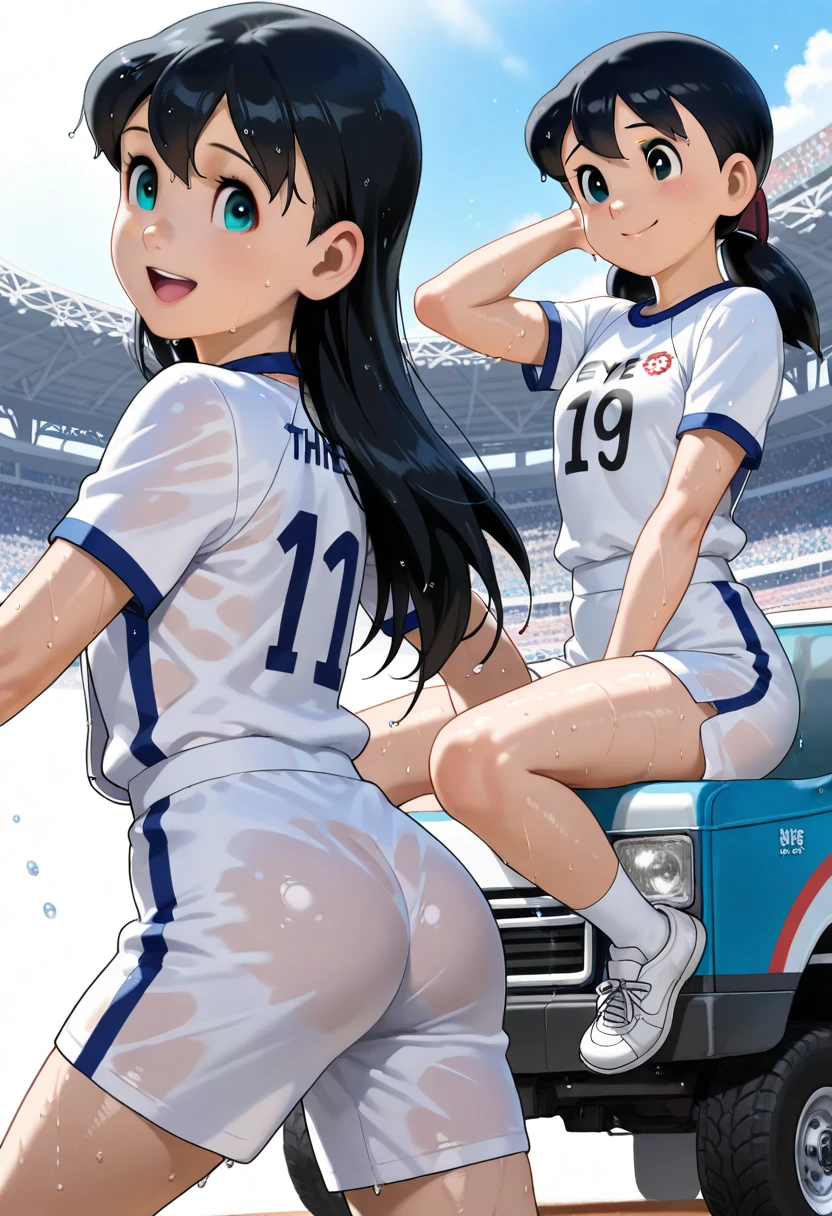 1 female、woman with very long black hair、Busty women、Spectacular views、Night Scene、The view from the top of the hill、Full moon night sky、swirling starry sky、８K、Best Quality、The woman&#39;s whole body is in the photo、The woman is wearing a miniskirt and her crotch is visible.、Standing motionless in golf wear, staring at the ball、Back view of a man standing on the green、I can see your ass、T-back panties are visible