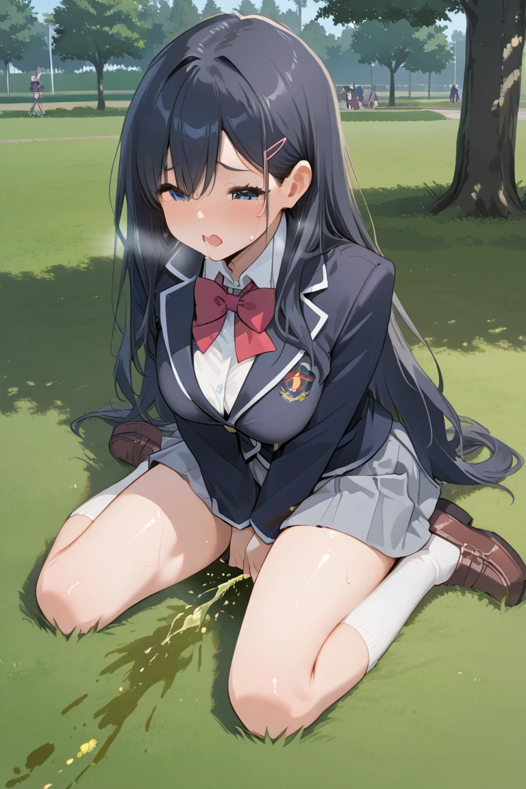 nsfw,suzune horikita,forest,Under the tree,Show the whole body,front,from the front,uniform,Red blazer,Hair ribbon, black knee-high socks,(((Pee,Urinating))),squat,((女genital,genital,))
