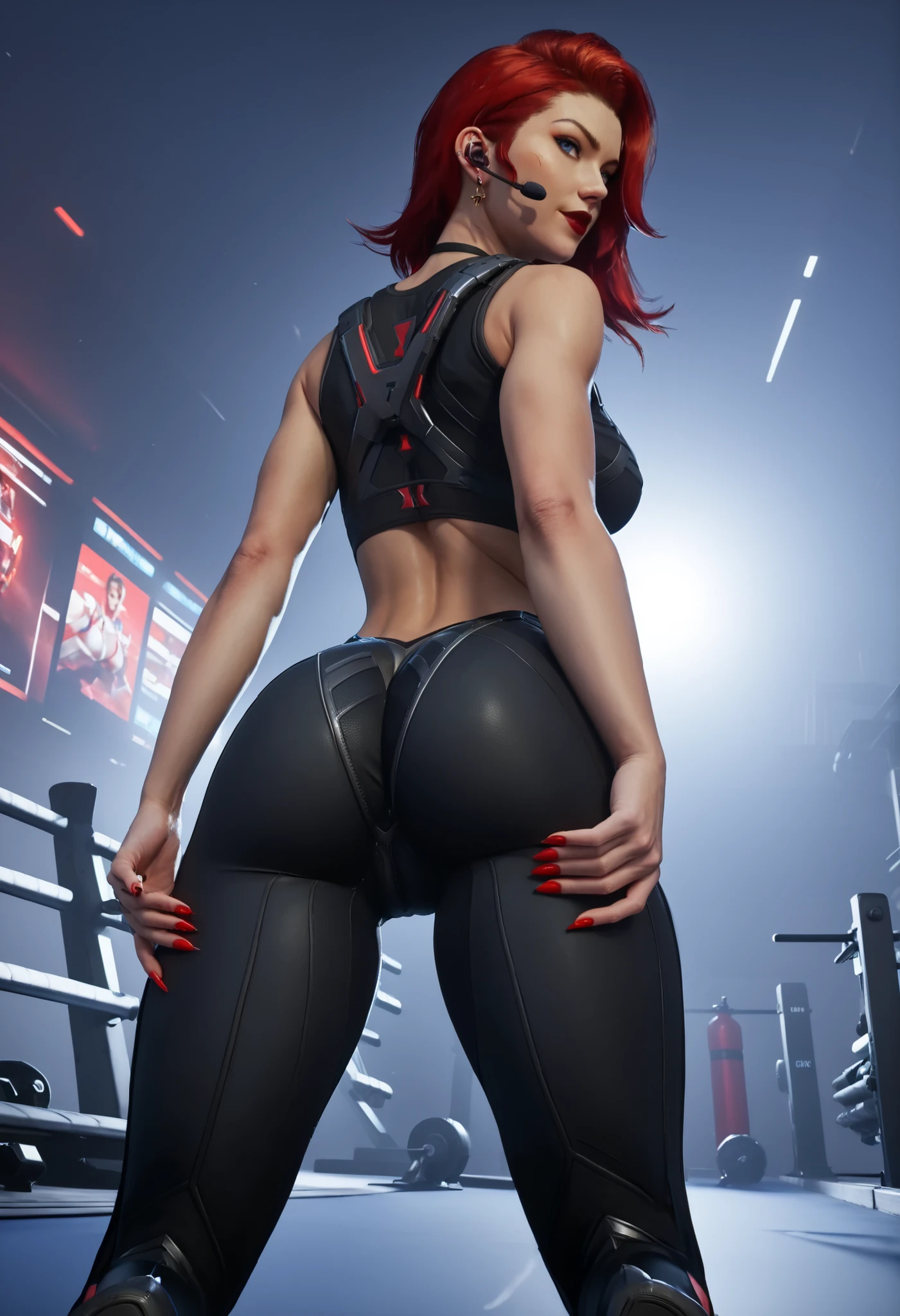 score_9 , score_8_up , score_7_up ,realistic, blackwidow_rivals, red accents on the sports bra, looking back. standing, model pose, ((back view)), ((back focus)), Shooting from directly below, Low Angle From Below, (((tight gap))), medium ass, (((black sports bra))), navel, (((black high waisted thong))), black sneakers,, cameltoe,, red hair, asymmetrical hair, headset microphone, eyeliner,, blue eyes. red lipstick. (((wide hips))),, (wide thighs). round face, thin nose, (big breasts), sexy face, narrow face, makeup, peachy ass, round ass, inside, legs apart, open legs, on a gym, gym background, at night, beautiful woman, realistic image, dim light, cozy atmosphere, perfect lighting, perfect shadows, shiny skin, jewelry, red polish, blue eyes, earrings, ear piercing, (Beautiful, medium Breasts:1.2),1girl,,seductive smirk, medium breasts, wide hips, masterpiece, ultra-detailed, 8K, absurdres,, depth of field, detailed background, realistic lighting, background: realistic style, high contrast, sharp outlines, rich details,, masterwork, masterpiece, best quality, dynamic lighting, dynamic angle, BREAK nail polish,, volumetric lighting, detailed, realism, wide hips, curvy, smiling evilly, sexy, seductive,, soft reflection,, BREAK,, high detail, (medium breast), , BREAK (masterpiece, best quality, high detailed, 8k, 32k, uhd:1.2),(materpiece),,(wide hips, thin waist, voluptuous), , high resolution, intricate detail, lush detail,, a photorealistic photo, 8K, a mesmerizing woman, (((wide hips))),, BREAK,. saggy breasts, (wide hips),,, BREAK,, masterpiece, best quality,, best quality, BREAK , sexy thighs,, amazing quality, very aesthetic, masterpiece, 8k, high quality, (best quality:1.1),1woman, mature woman,,