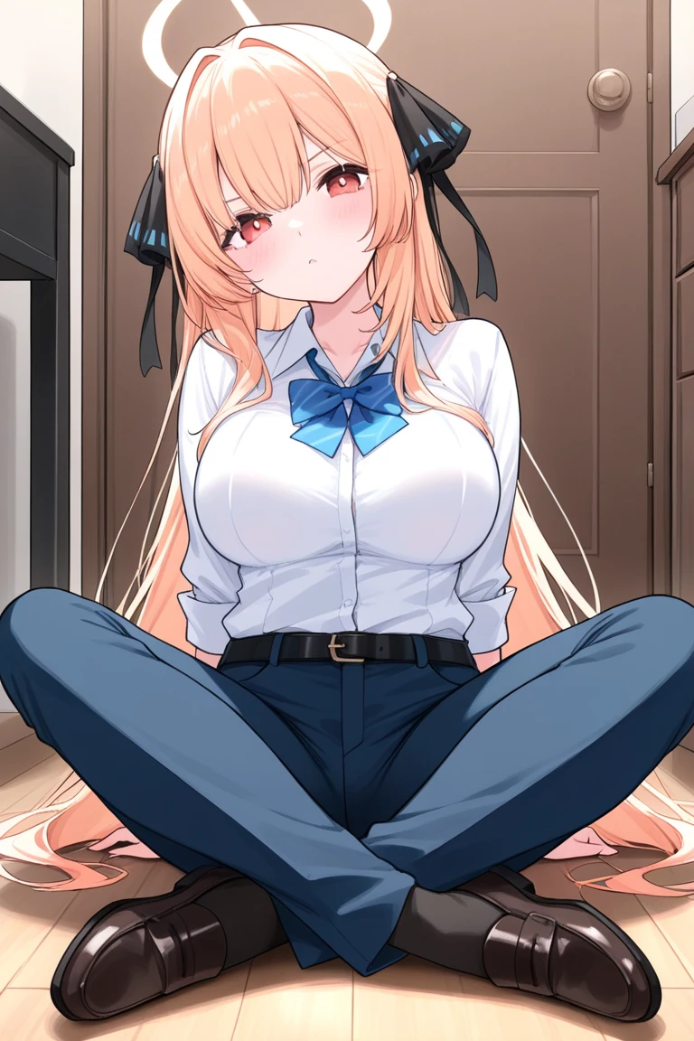 Danganronpa character long tied blonde hair blue eyes very large breast medium butt white vertical striped shirt and a pastel pink apron with light blue jeans and pink low heels in a crying position