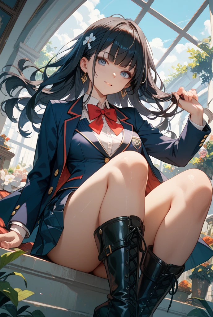 masterpiece, white shirt, green skirt ,red tie, red hair ribbon, 8k, lin, black hair, black high heels, sit on the table