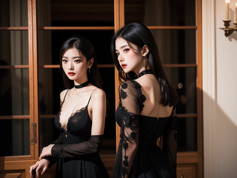 ((Best Quality))), (8K picture quality), ((Masterpiece)), (Very sophisticated、Beautiful fece), (wearing dresses) , (1womanl), (black-short-hair), Dress up, with floral pattern, Soft silk fabric, 电影灯光, Gentle facial expressions, (A slight smil:1.3), ((lightand shade contrast)), Luxurious interior windowsill, ((breast)), Large dogs