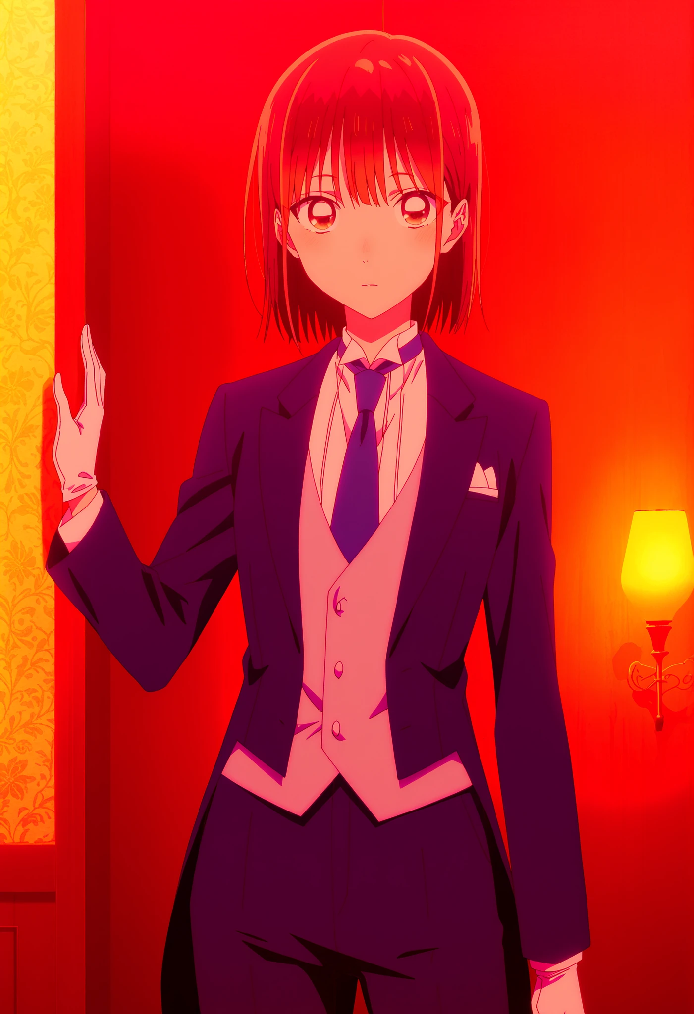masterpiece, best quality, very detailed, , masterpiece, best quality, eyelashes, (Beautiful Eyes), cowboy shot, anime, Official Illustration, Official anime artwork, anime screencap, anime coloring,chonohina, 1girl , solo,brown hair, brown eyes, short hair, tuxedo tailcoat ،butler, necktie, pants, gloves, handsome girl, looking at viewer