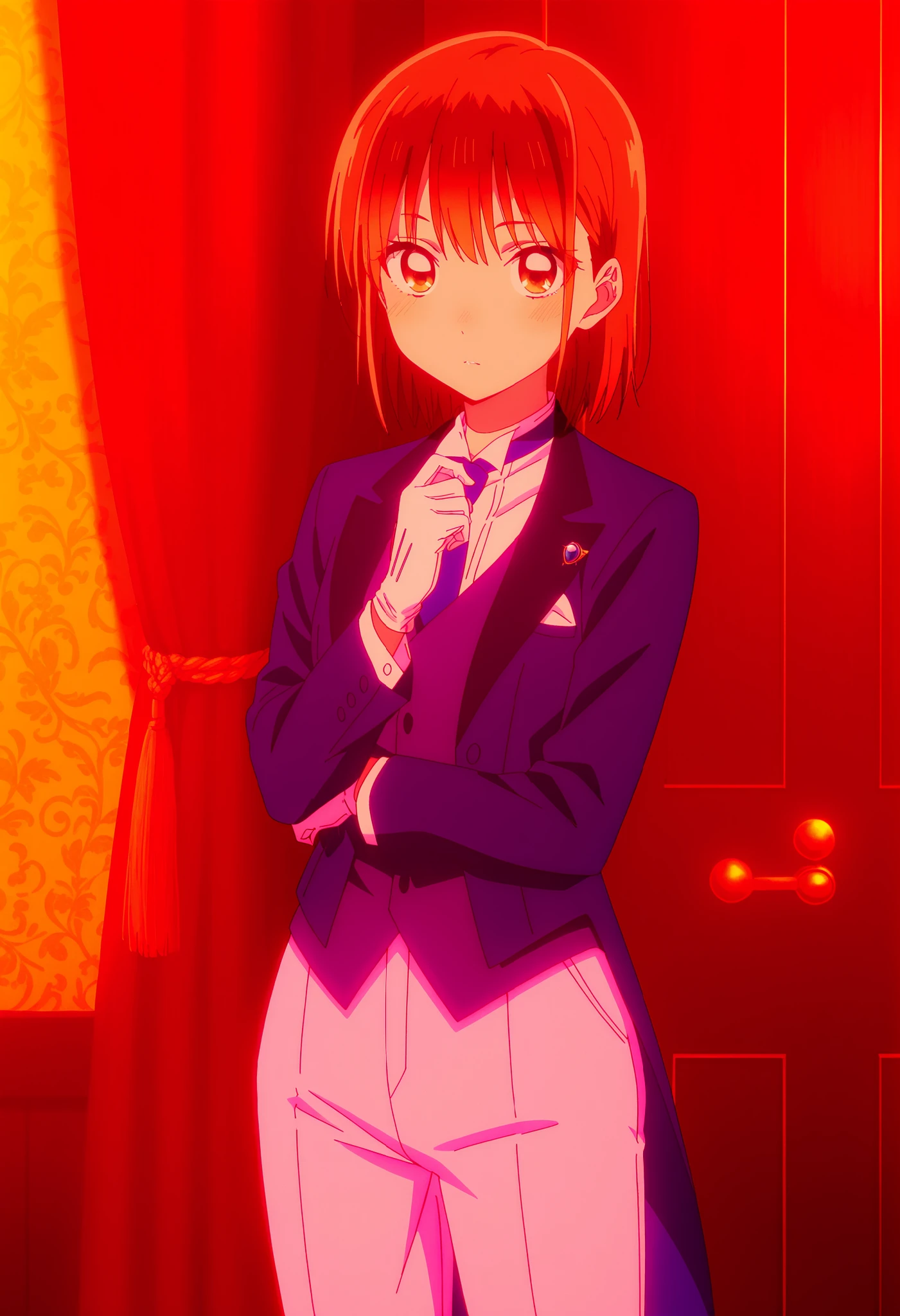 masterpiece, best quality, very detailed, , masterpiece, best quality, eyelashes, (Beautiful Eyes), cowboy shot, anime, Official Illustration, Official anime artwork, anime screencap, anime coloring,chonohina, 1girl , solo,brown hair, brown eyes, short hair, tuxedo tailcoat ،butler, necktie, pants, gloves, handsome girl, looking at viewer