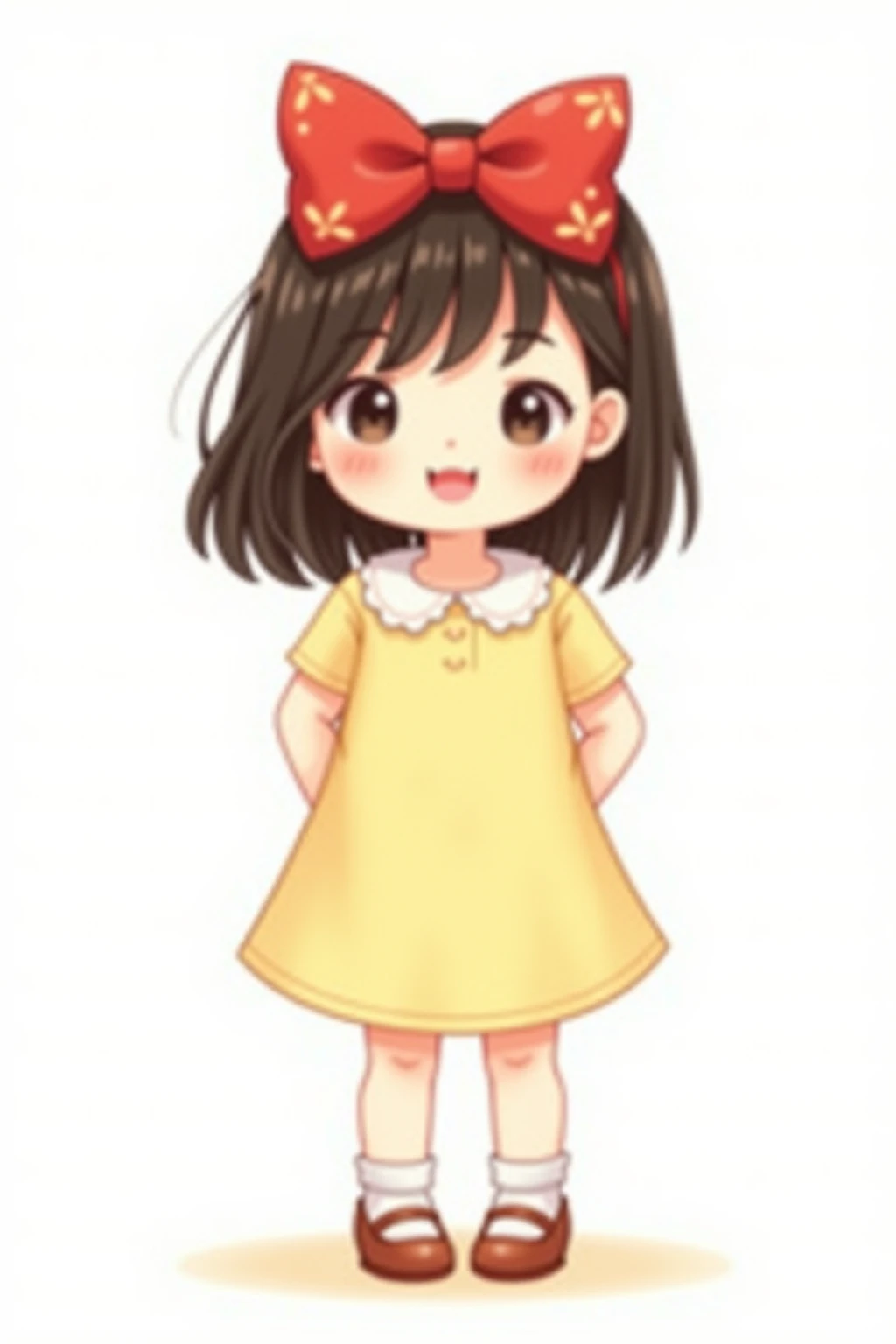 [ children's character setting diagram]  5-year-old Chinese girl full body front view, big red bow hairpin( size is conspicuous), light yellow cotton T-shirt+ white lace collar, dark brown shoulder-length hair, round face almond eyes, obvious cheek red  
[the detail]  four-finger ball hand,Beanie shoes, knees slightly inward  
[Background with] #FFFFFF pure white,no shade  
[Painting style] 2.5 head body Q version, crayon edge texture  
[Restraint]  prohibited real texture/ Korean comics --ar 9:16