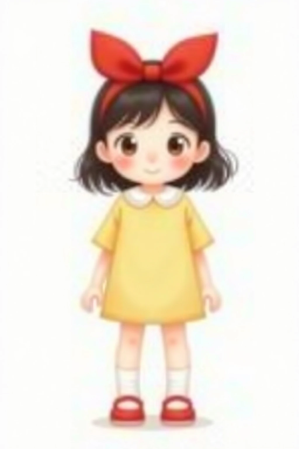 [ children's character setting diagram]  5-year-old Chinese girl full body front view, big red bow hairpin( size is conspicuous), light yellow cotton T-shirt+ white lace collar, dark brown shoulder-length hair, round face almond eyes, obvious cheek red  
[the detail]  four-finger ball hand,Beanie shoes, knees slightly inward  
[Background with] #FFFFFF pure white,no shade  
[Painting style] 2.5 head body Q version, crayon edge texture  
[Restraint]  prohibited real texture/ Korean comics --ar 9:16