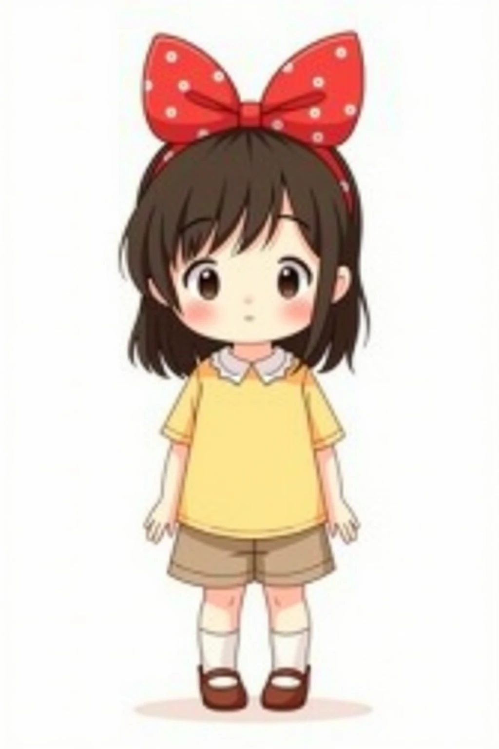 [ children's character setting diagram]  5-year-old Chinese girl full body front view, big red bow hairpin( size is conspicuous), light yellow cotton T-shirt+ white lace collar, dark brown shoulder-length hair, round face almond eyes, obvious cheek red  
[the detail]  four-finger ball hand,Beanie shoes, knees slightly inward  
[Background with] #FFFFFF pure white,no shade  
[Painting style] 2.5 head body Q version, crayon edge texture  
[Restraint]  prohibited real texture/Korean comics --ar 3:4