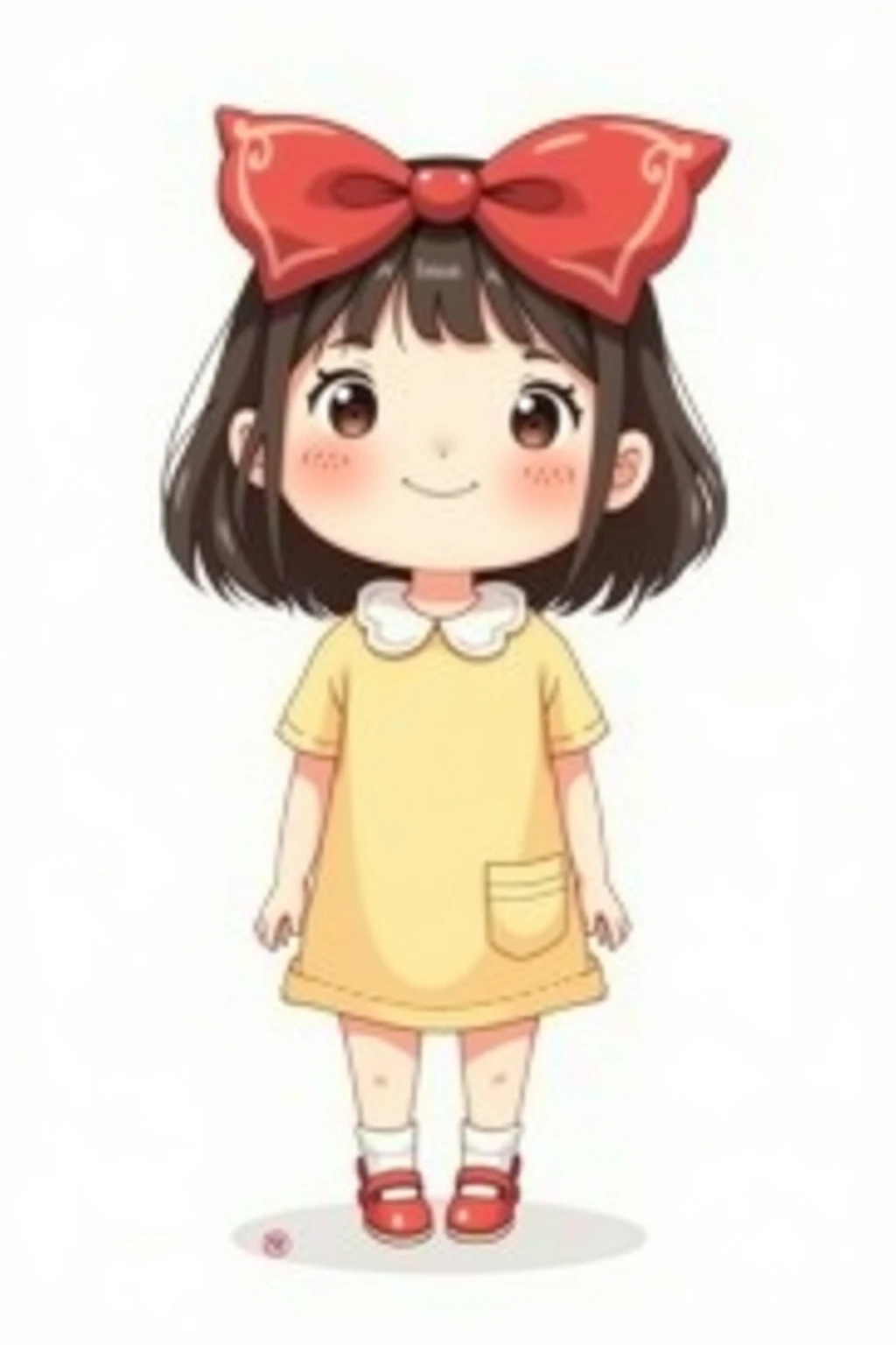 [ children's character setting diagram]  5-year-old Chinese girl full body front view, big red bow hairpin( size is conspicuous), light yellow cotton T-shirt+ white lace collar, dark brown shoulder-length hair, round face almond eyes, obvious cheek red  
[the detail]  four-finger ball hand,Beanie shoes, knees slightly inward  
[Background with] #FFFFFF pure white,no shade  
[Painting style] 2.5 head body Q version, crayon edge texture  
[Restraint]  prohibited real texture/Korean comics --ar 3:4