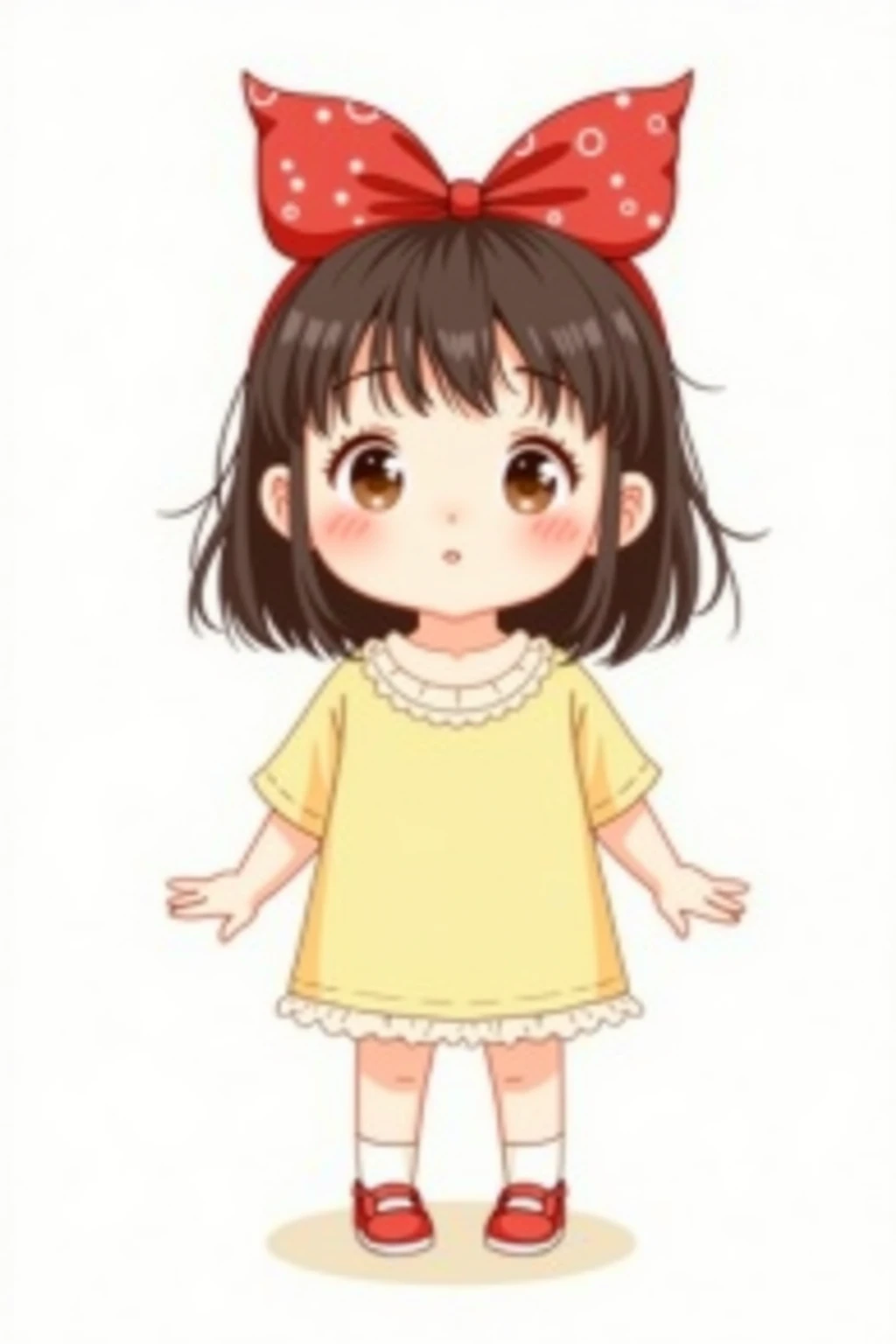 [ children's character setting diagram]  5-year-old Chinese girl full body front view, big red bow hairpin( size is conspicuous), light yellow cotton T-shirt+ white lace collar, dark brown shoulder-length hair, round face almond eyes, obvious cheek red  
[the detail]  four-finger ball hand,Beanie shoes, knees slightly inward  
[Background with] #FFFFFF pure white,no shade  
[Painting style] 2.5 head body Q version, crayon edge texture  
[Restraint]  prohibited real texture/Korean comics --ar 3:4
