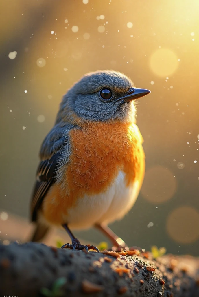 A charming close-up photo，shows a beautiful bird，illuminated by soft golden light on a quiet morning，with a bokeh ball gently framing its petite body
