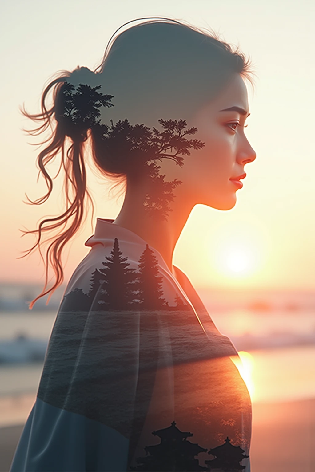 High quality,8k ultra high definition,美丽的Doubleexposure,Combines the silhouette of a goddess with the sunset coast, sunset coast should be used as the bottom background,Details are integrated into the silhouette of the goddess,Clear lines,The background is monochromatic,Focus sharp,Doubleexposure,by Yukisakura,extremely wonderful full color