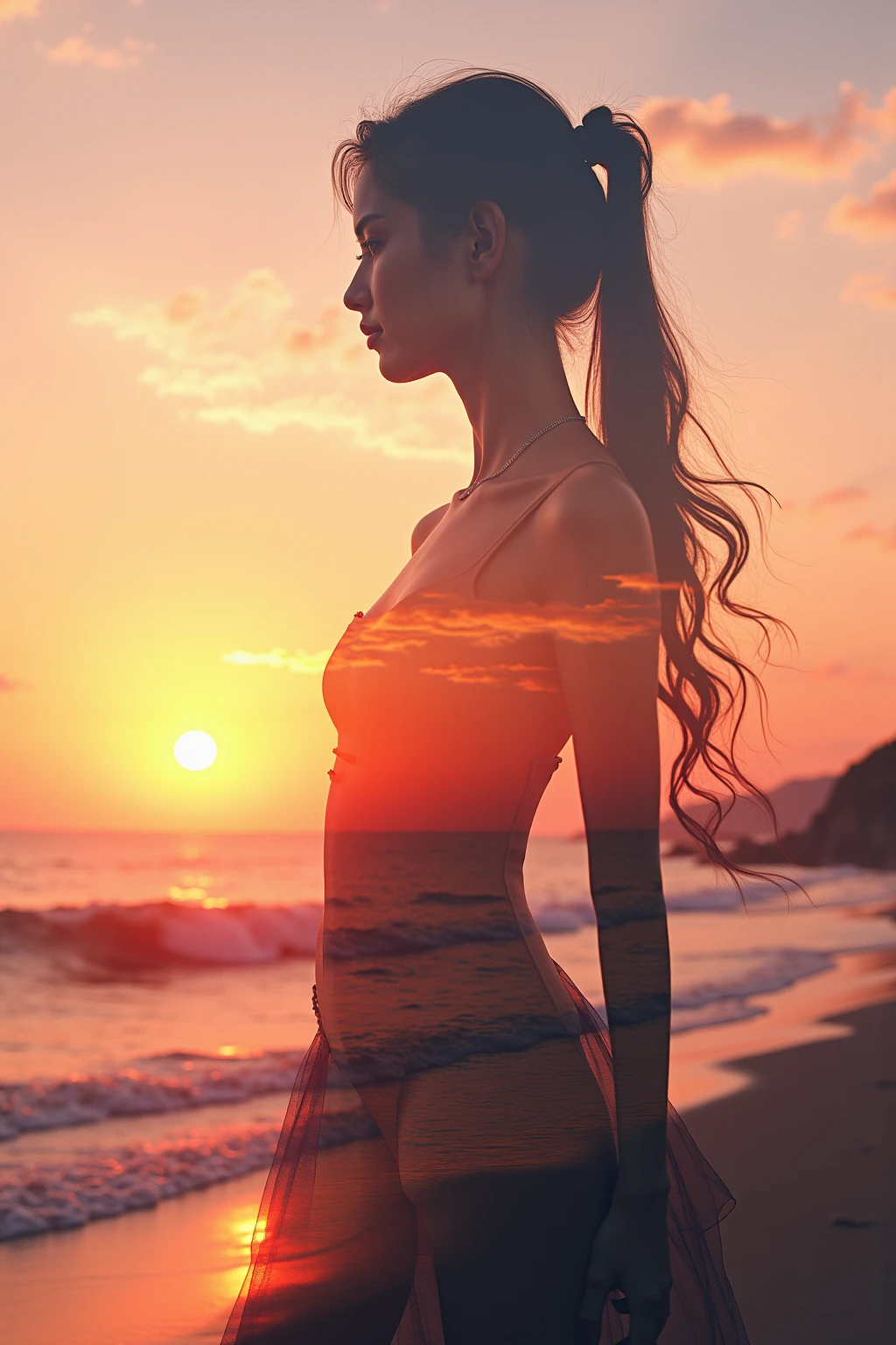 High quality,8k ultra high definition,美丽的Doubleexposure,Combines the silhouette of a goddess with the sunset coast, sunset coast should be used as the bottom background,Details are integrated into the silhouette of the goddess,Clear lines,The background is monochromatic,Focus sharp,Doubleexposure,by Yukisakura,extremely wonderful full color