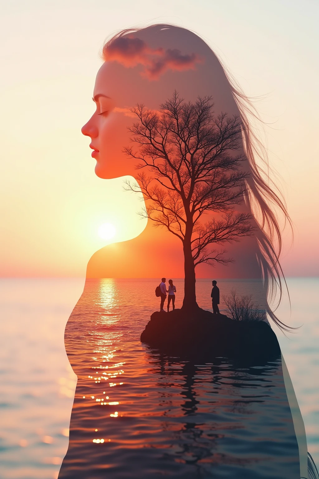 High quality,8k ultra high definition,美丽的Doubleexposure,Combines the silhouette of a goddess with the sunset coast, sunset coast should be used as the bottom background,Details are integrated into the silhouette of the goddess,Clear lines,The background is monochromatic,Focus sharp,Doubleexposure,by Yukisakura,extremely wonderful full color