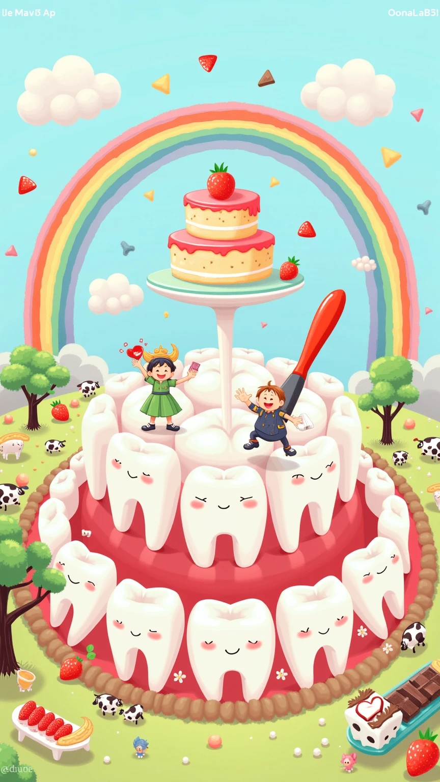 This whimsical illustration features imaginative depictions of the mouth and teeth as a playful landscape. teeth form a semicircular layout similar to a fortress, 上面suggests drink or juice. these characters wear brightly colored Clothes, sprinkled with furry white clouds, symbolizes indulgence. adjoining the cake, large, Scrub your teeth with an oversized brush, and the background is covered with strawberry and chocolate drops, above the teeth. Adjacent to the cake, The background is dotted with furry white clouds, emphasizes oral hygiene. Vibrant rainbow arches span the sky, A two-tiered cake as the central structure. Light blue sky, suggests drink or juice, Creates a fantastic atmosphere. On the left, A stylized tree composed of strung fruit slices and a playful theme. Additionally, The landscape is neatly arranged with cows and various small objects, adds a cheerful tone to the scene. At the bottom, The Chinese text suggests a message related to oral care.